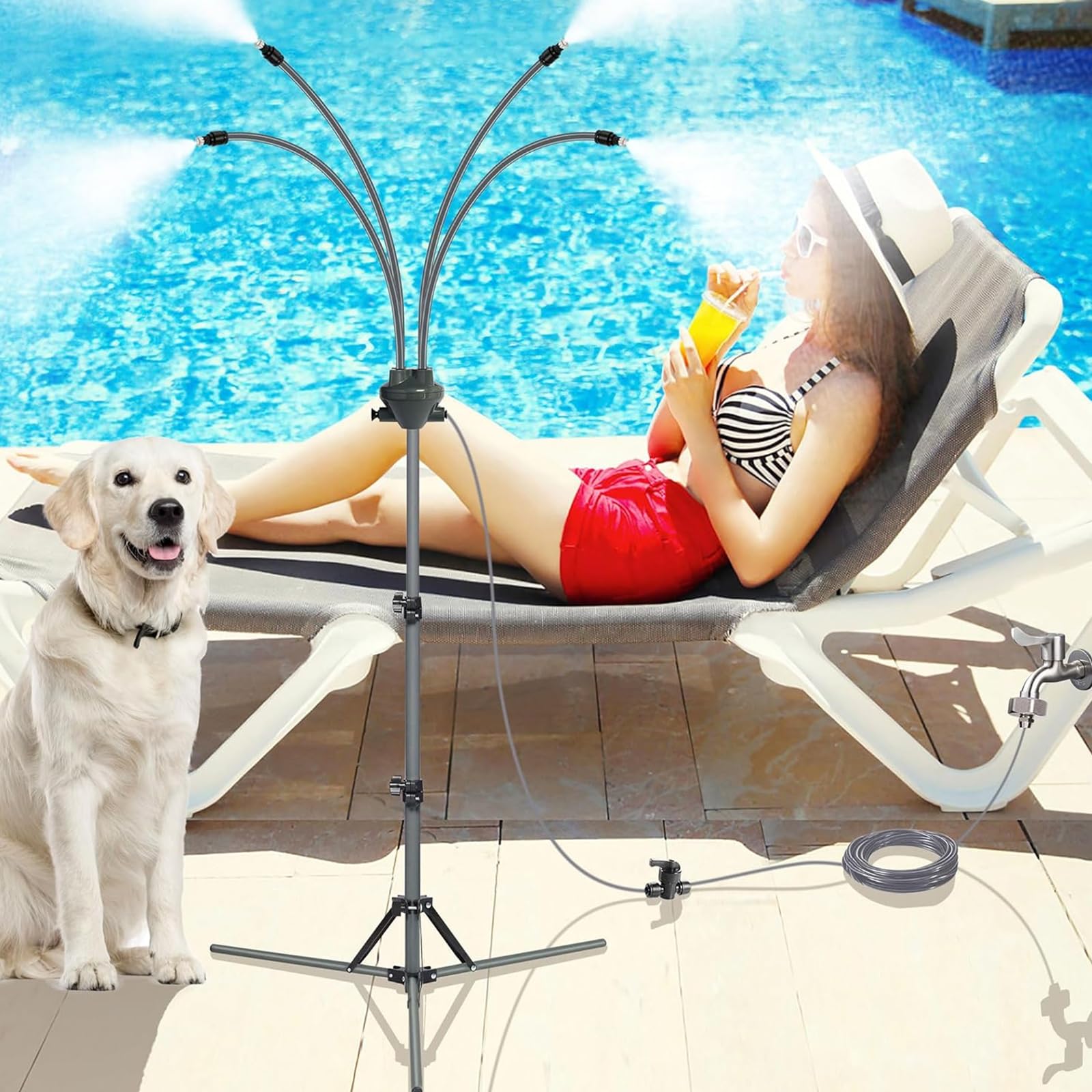 Brumisateur de jardin réglable et portable pour refroidissement de piscine, barbecue, eau d'enfant, trépied en acier inoxydable