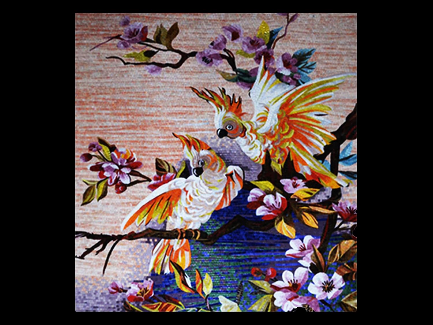 Cockatoo Couple Birds Mosaic Mural | Alluring Mosaic Artwork | Mosaic Designs By Mosaics Lab | Handmade Mixed | This Masterpiece Is Great As Wall Art | Perfect For Any Office, Living Room.