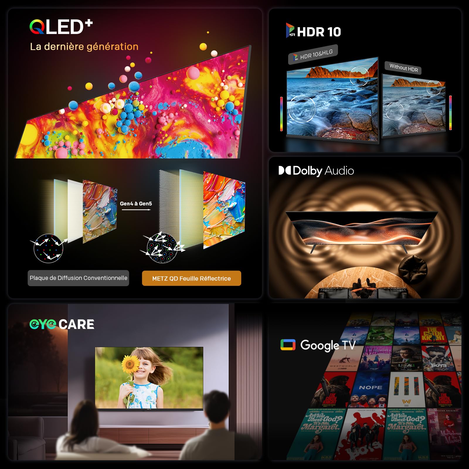 Metz 40 Pouces (100 cm) Smart TV FHD, QLED, LED Television Google Tele HDR 10 Dolby Audio Bluetooth 5,1 EyeCare Tuner DVB-T/T2/C/S/S2 CI+ (40MQF7000Z)