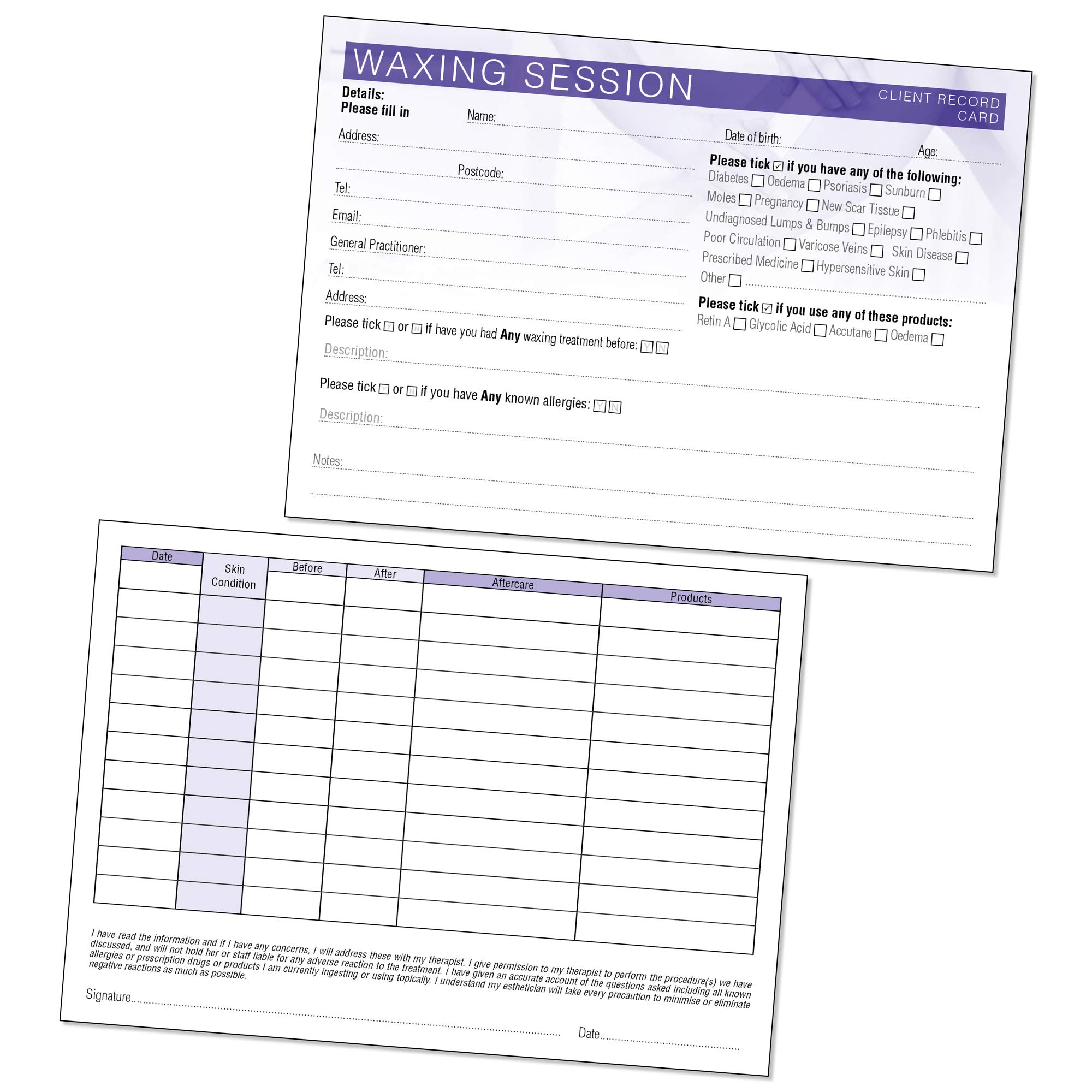 Waxing Client Record Card - Treatment Consultation Form for Mobile Therapists & Salons A6 Pack of 50 - Landscape