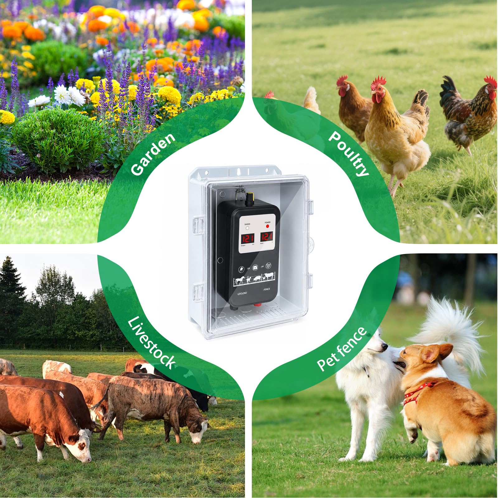 15KM Electrificador de valla eléctrica con carcasa impermeable, kit de valla con aisladores anulares y alambre de valla, tensión de salida ajustable 12 kV – 13,5 kV, para protección de animales