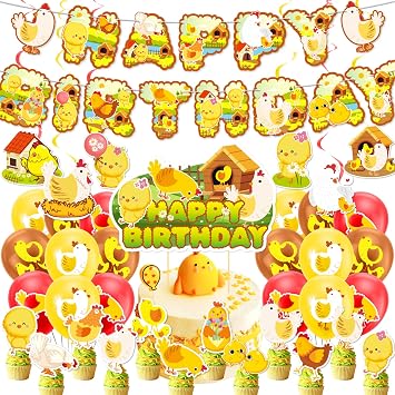 Chicken Party Decorations Chicken Farm Birthday Party Supplies Includes Chicken Birthday Banner Cake Topper Cupcake Toppers Balloons for Chick Birthday Party Baby Shower Decorations