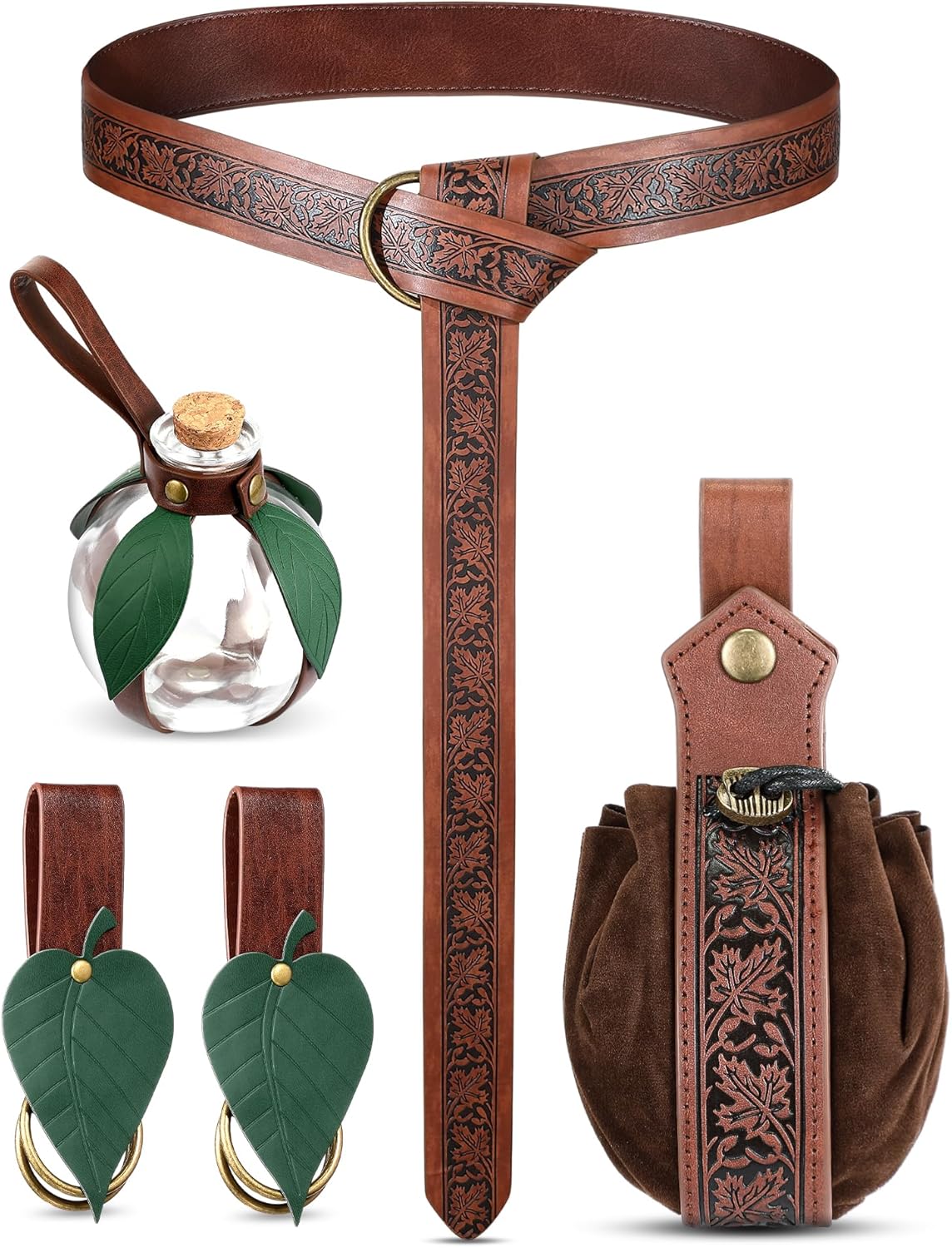 Sweetude 6 Pcs Renaissance Belt Accessories Medieval Viking Belt Potion Bottles Leather Pouch Skirt Hikes