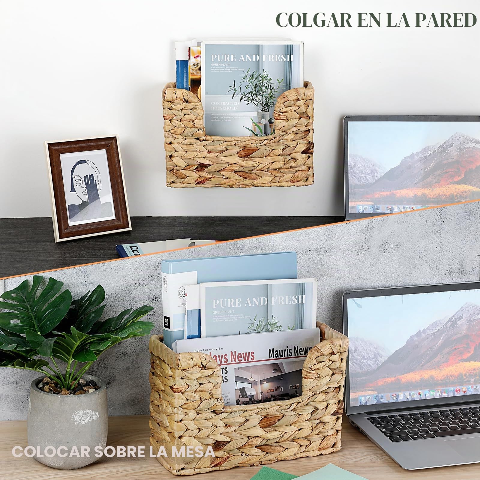 Cesta de pared natural de jacinto de agua, cesta de almacenamiento decorativa para pared o puerta, de algas marinas, tejido impermeable, para cartas, facturas, revistas, flores