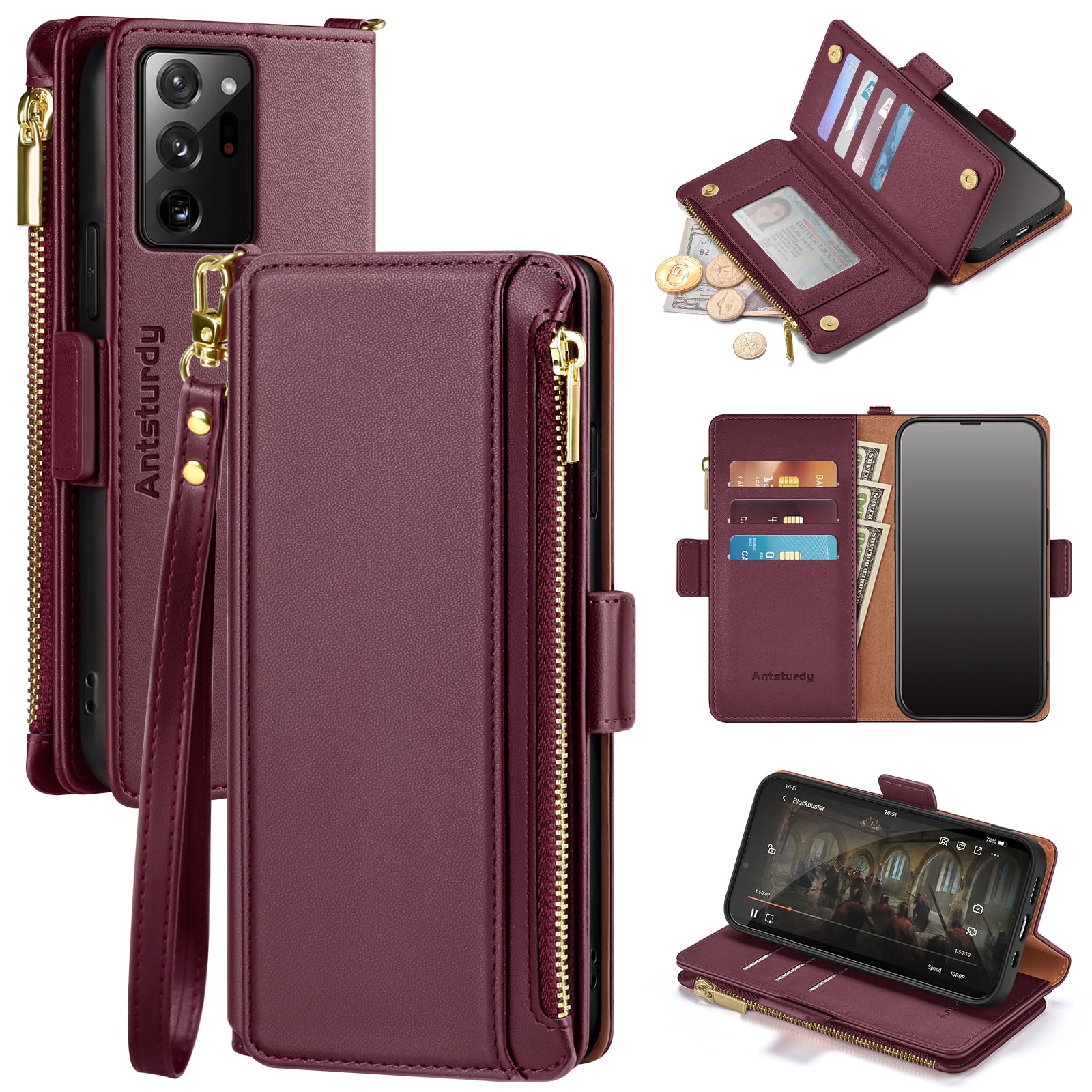 Antsturdy Samsung Galaxy Note 20 Ultra 5G case Wallet with Card Holder for Women Men,Galaxy Note 20 Ultra 5G Phone case RFID Blocking PU Leather Flip Cover with Strap Zipper Credit Card Slots,Wine Red
