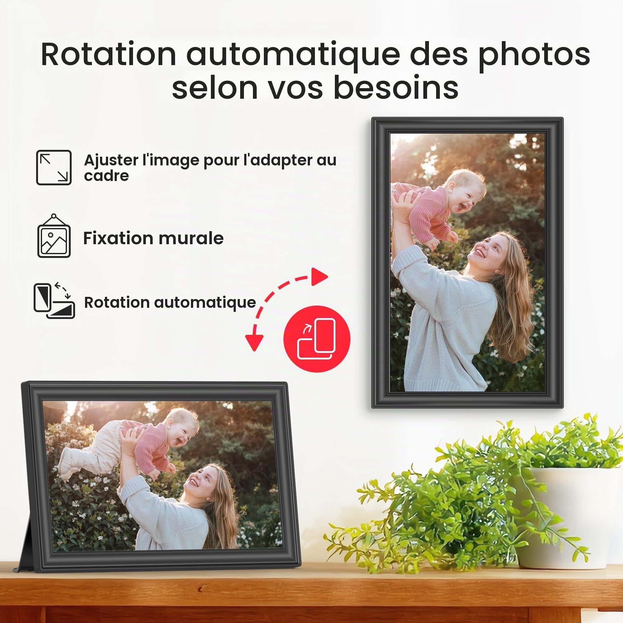 Frameo Cadre photo numérique WiFi Noir 64 Go 15,6" 1920 x 1080p FHD IPS Grand cadre photo électronique Rotation automatique Montage mural Partage de photos et vidéos