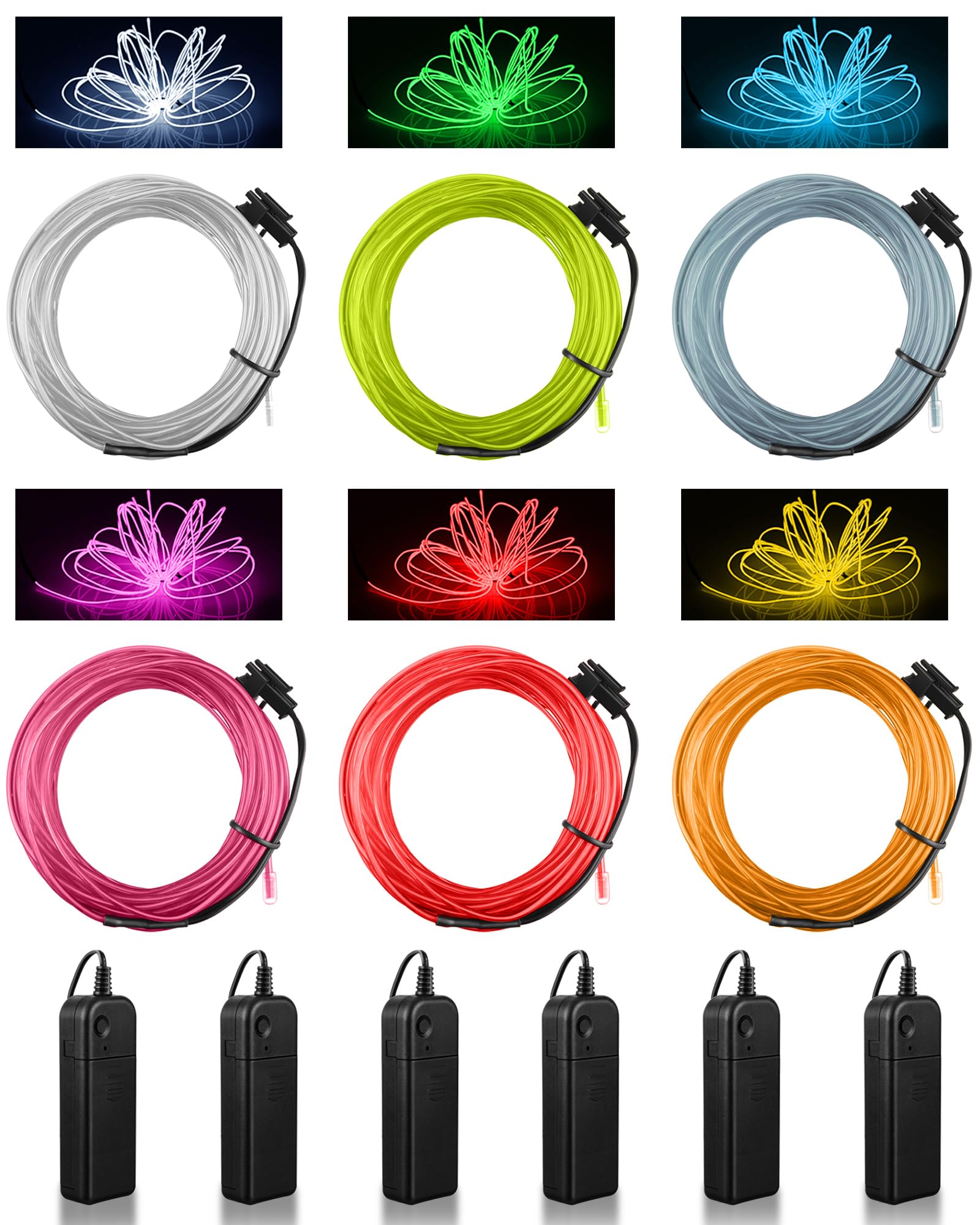Konohan 6 Pack 16.4 ft El Wire Lights, Wearable LED Lights for Costume DIY