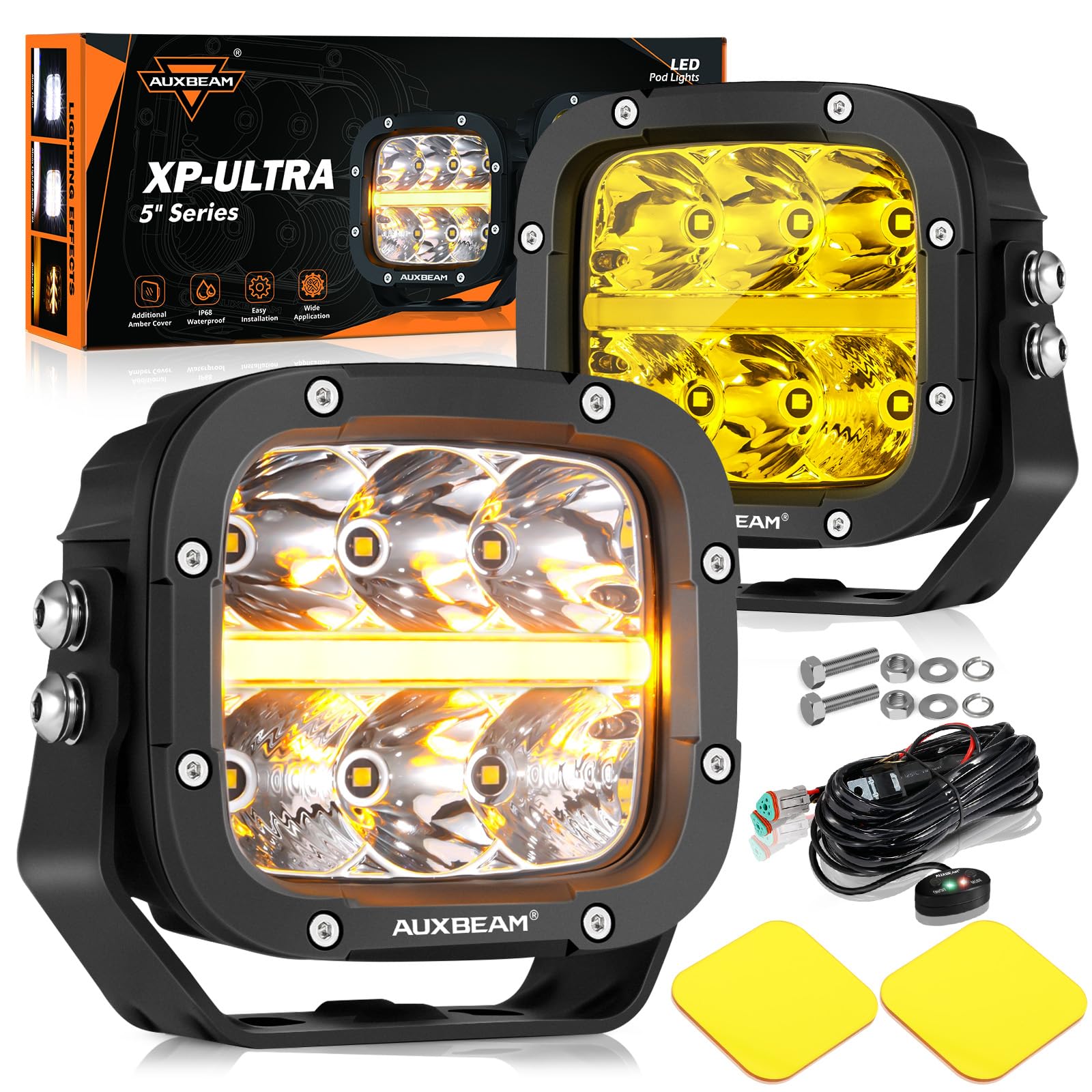 Auxbeam 5" LED Offroad Lights with Amber DRL, XP-Ultra Series 132W 15600LM Super Bright Square LED Pod & Amber Pod Light Cover, Spot Flood Combo Fog Light Bar for Off-Road Vehicles, 2 Years Warranty