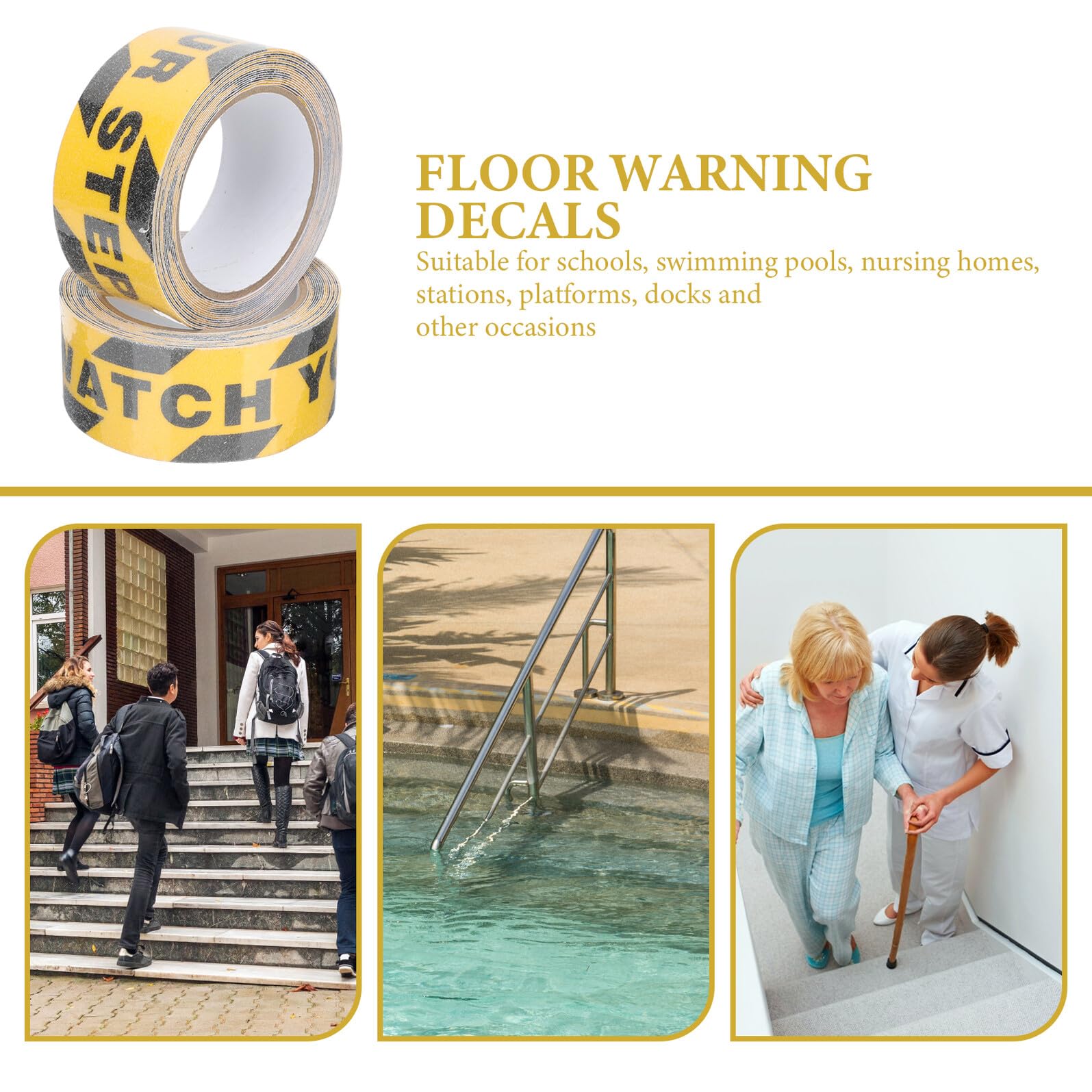 KOMBIUDA 2 Rollen Rutschfestes Warnband mit Watch Your Step aufdruck Stark Haftendes Anti rutsch klebeband für Treppen Böden und Rampen Abriebfestes Sicherheitsband mit Auffälliger