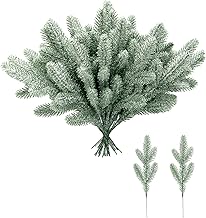 30pcs Christmas Snow Frosted Pine Branches, Snowy Christmas Tree Picks, Fake Christmas Picks Spray Artificial Pine Needles Stem Winter Picks for Decoration DIY Xmas Cedar Garland Wreath Ornaments