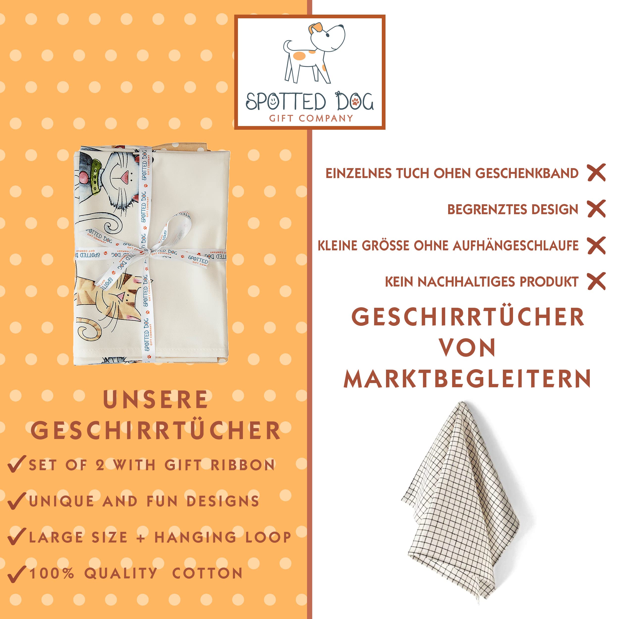 SPOTTED DOG GIFT COMPANY - 2er Set Geschirrtücher Küchentücher Trockentücher Küche aus 100% Baumwolle 50 x 70 cm, niedliches Katzen-Motiv Katze Geschenk für Katzenliebhaber und Köche