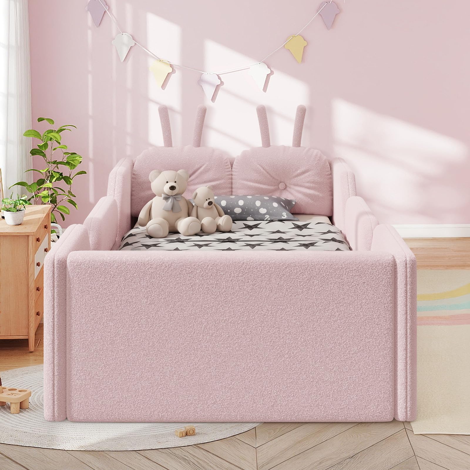 Twin Size Kids Bed with Rabbit Cushions, Upholstered Boucle Fabric Platform Floor Twin Daybed with Removable Side Rail, Space-Saving Wooden Corner Sofa Couch Bed Frame for Girls, Boys, Teenager(Pink)