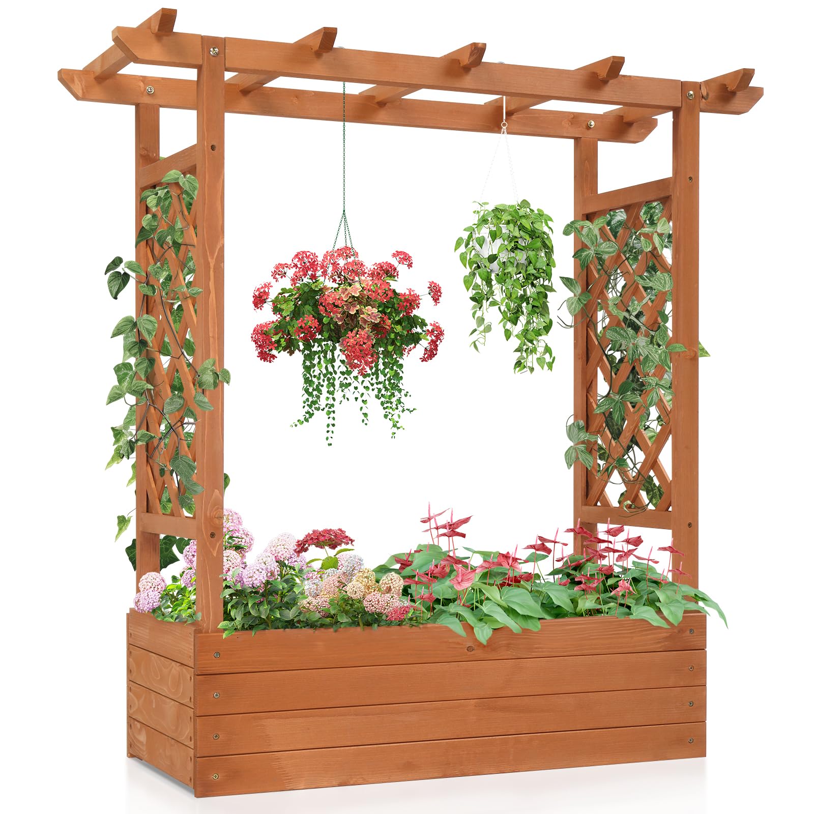 Outvita Raised Garden Bed with Trellis, Wood Planter Box with Hanging Roof, Side Trellis and Drainage Holes, Above Ground Elevated Garden Bed for