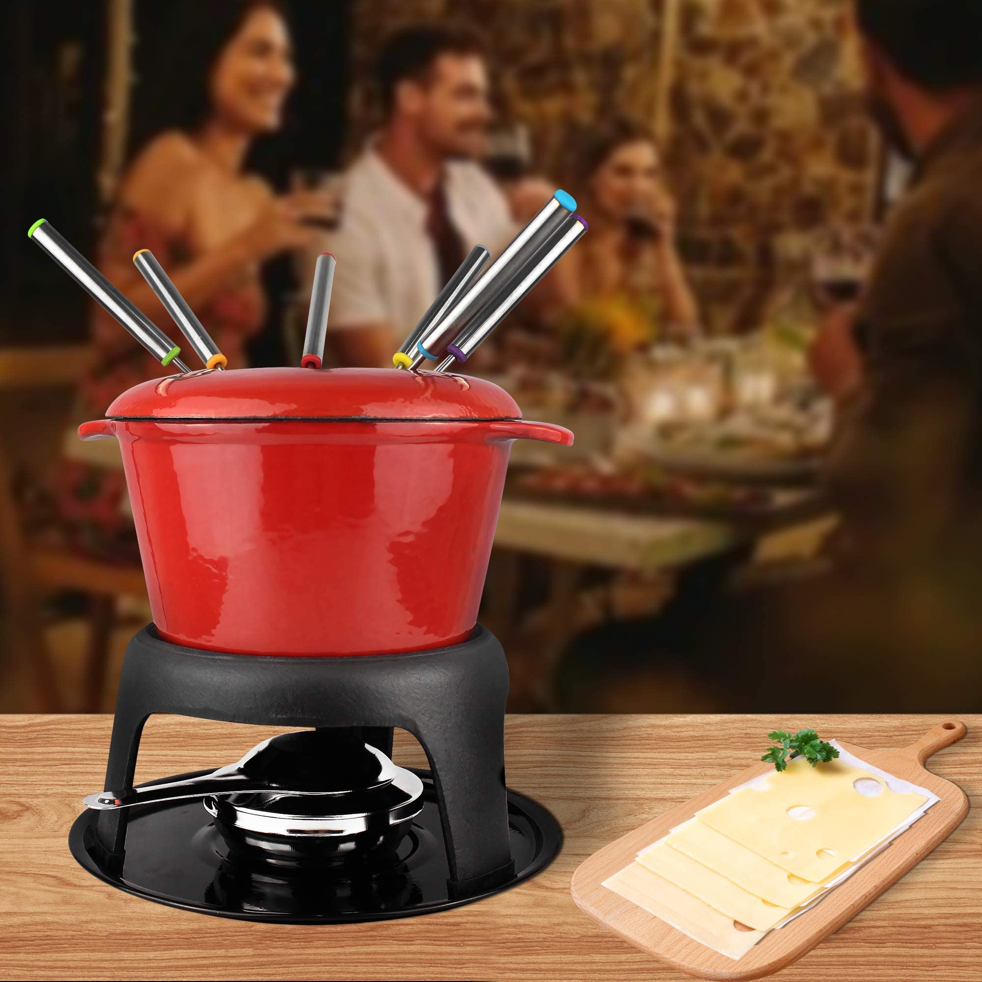 Todeco Service à Fondue avec 6 fourchettes, Set à Fondue pour Fondue Savoyarde, Bourguignonne et au Chocolat, Fondue au Fromage pour 6 Personnes, 27,5 x 21 x 21 cm, Rouge