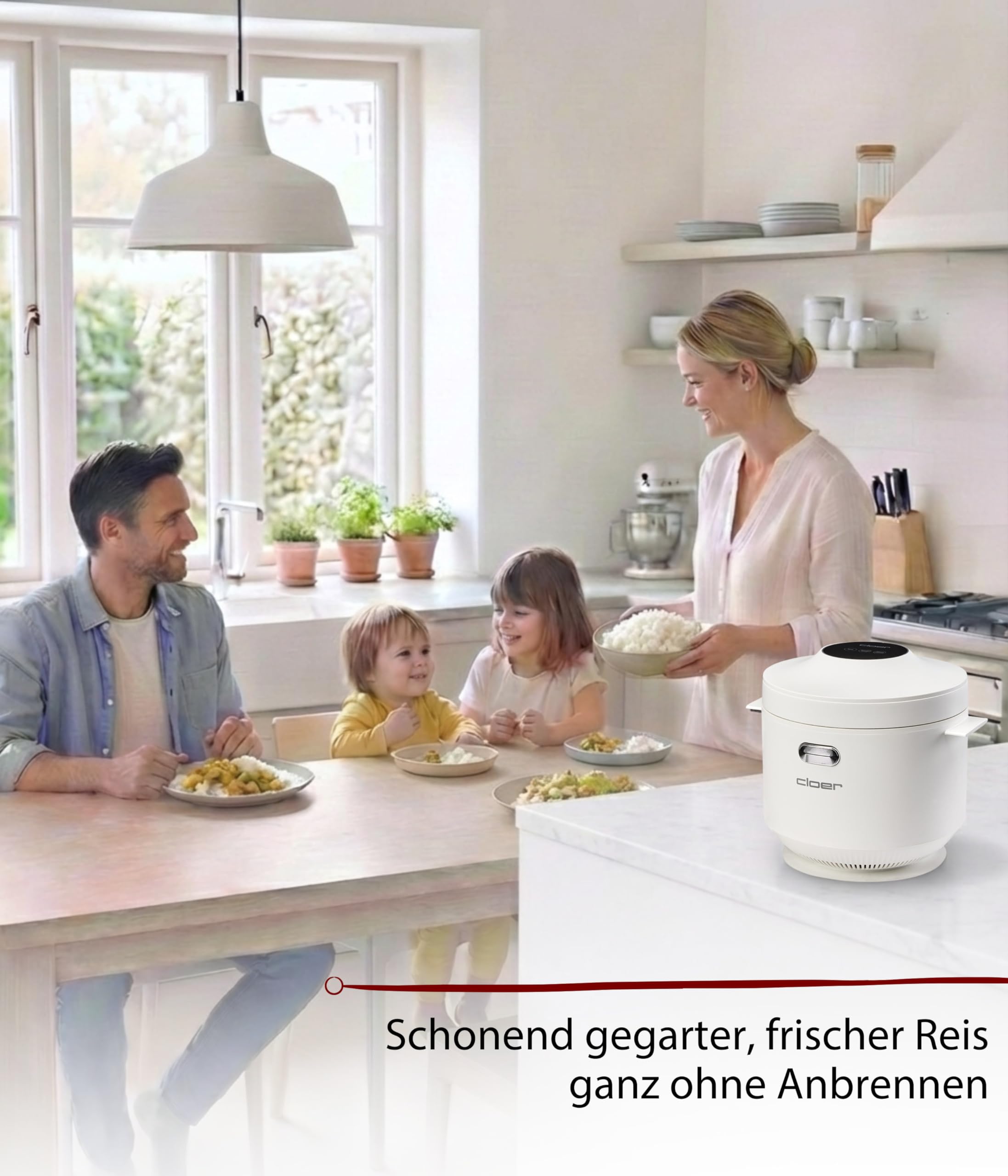 Cloer 6831 Reiskocher mit 1 l Fassungsvermögen, inkl. Dampfaufsatz & spülmaschinengeeignetem Innentopf, 7-Phasen-Technologie, Warmhaltefunktion bis 24 h, Signalton und Wasserstandsanzeige, 350 W