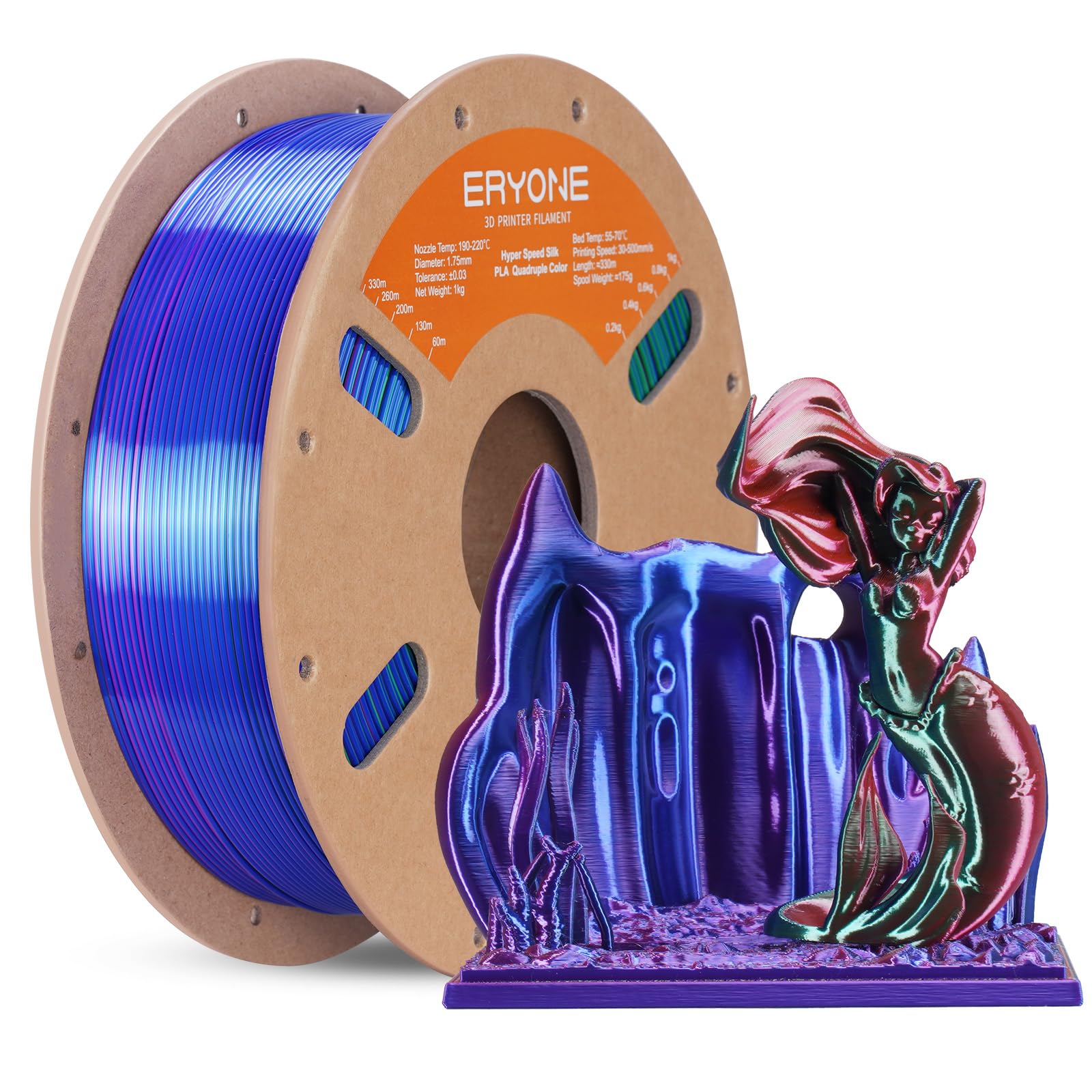 ERYONE HS Silk Quadruple Color Filament PLA 3D Printer 1.75mm +/- 0.03mm, Hyper Speed Coextrusion Filament PLA Shiny 1kg, Evil Pool(Purple & Red & Green & Blue)