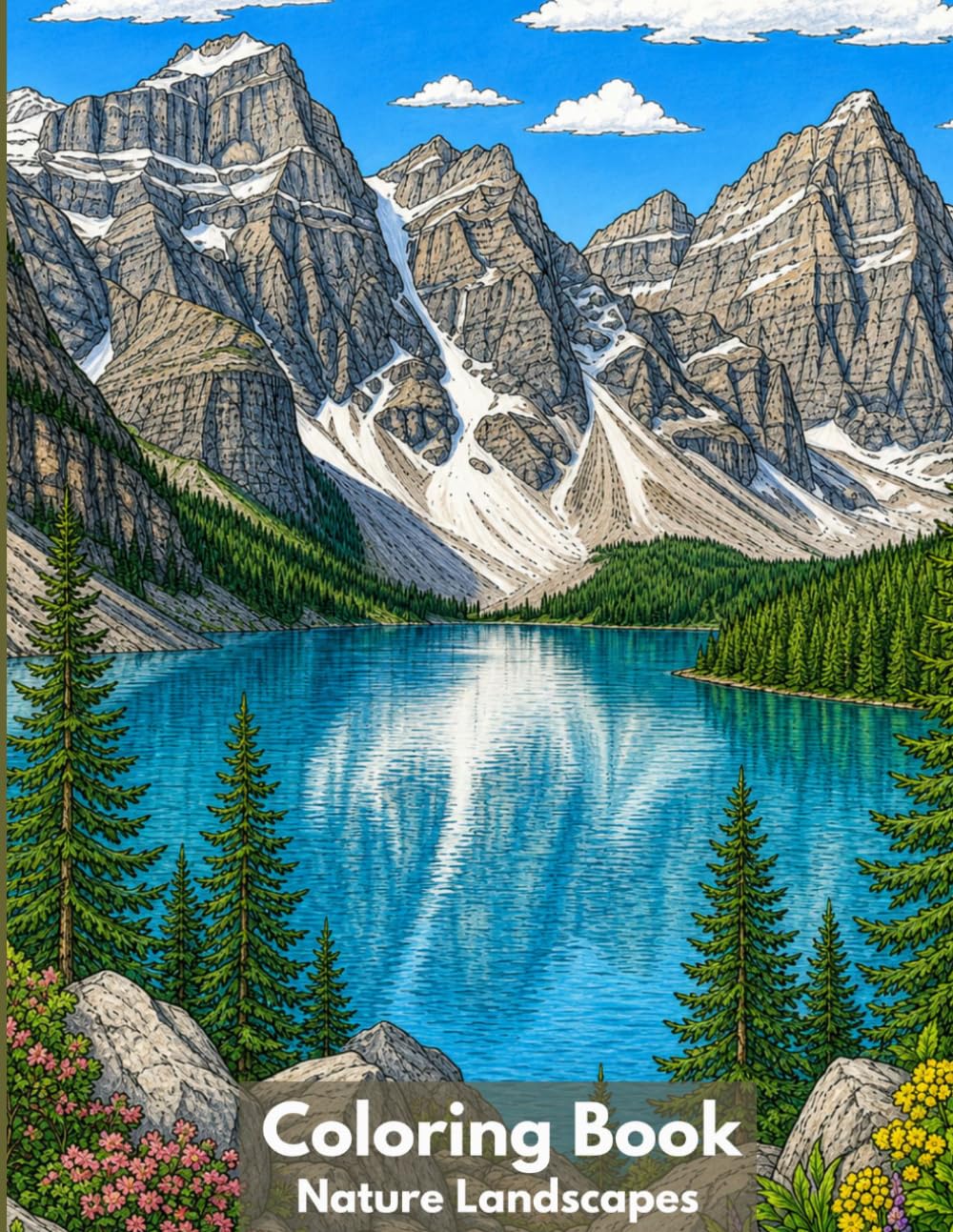 Beautiful Nature Landscapes Coloring Pages: Detailed 300 DPI designs featuring mountains, beaches, forests, waterfalls, and deserts with clean line art and minimal shading.