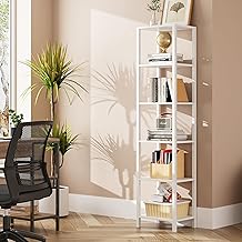 TUTOTAK Bookshelf, 6-Tier Tall Book Shelf, Narrow Bookcase for Small Space, DIY Stackable Bookshelf, for Living Room, Office, Study, Entryway, Industrial, White BS01BW006