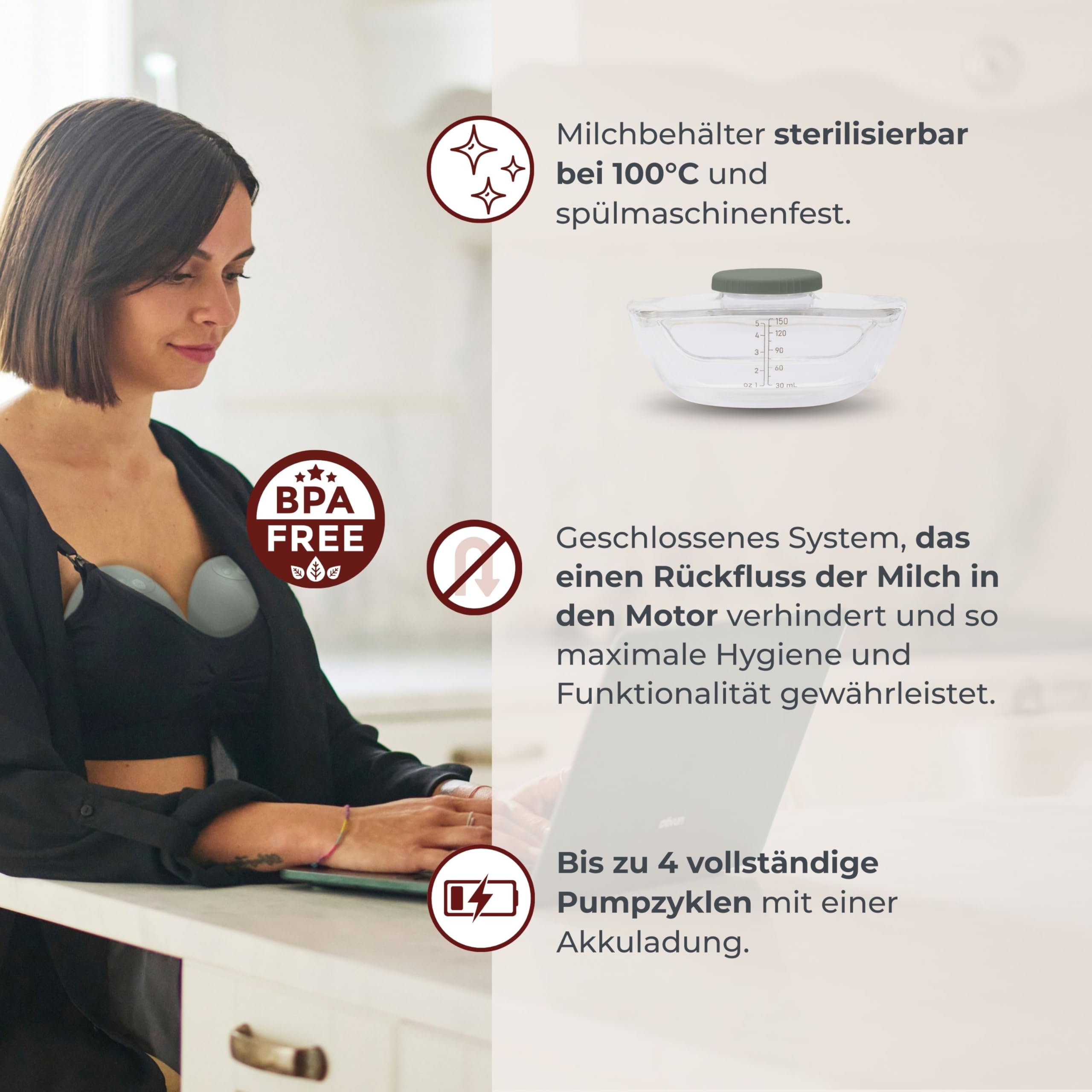 Nuvita 1264W Tragbare elektrische Milchpumpe mit 3 Stufen und Vibrationsstimulation – leise, tragbar, wiederaufladbarer USB-C-Akku, 4 vollständige Zyklen, 24-mm-Silikon-Brustglocke mit Adaptern