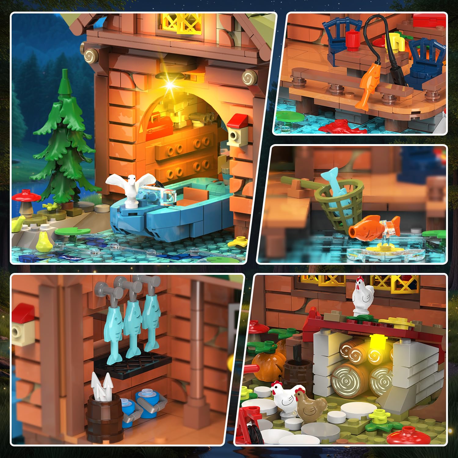 INSOON Juego de construcción de cabina de madera con luz LED, juguete de bloque de construcción de casa de bosque de madera con barco, bicicleta, estanque, animales, modelo de construcción de casa