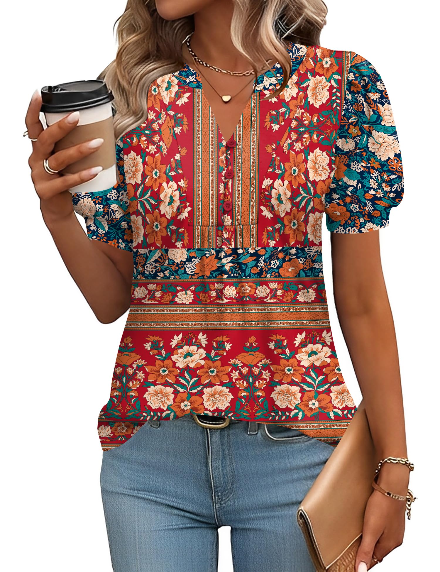 IECCP Womens Tops Puff Short Sleeve Shirts Dressy Casual Henley V-Neck Summer Tops Pleated T-Shirts Loose Fit Tunic Blouses