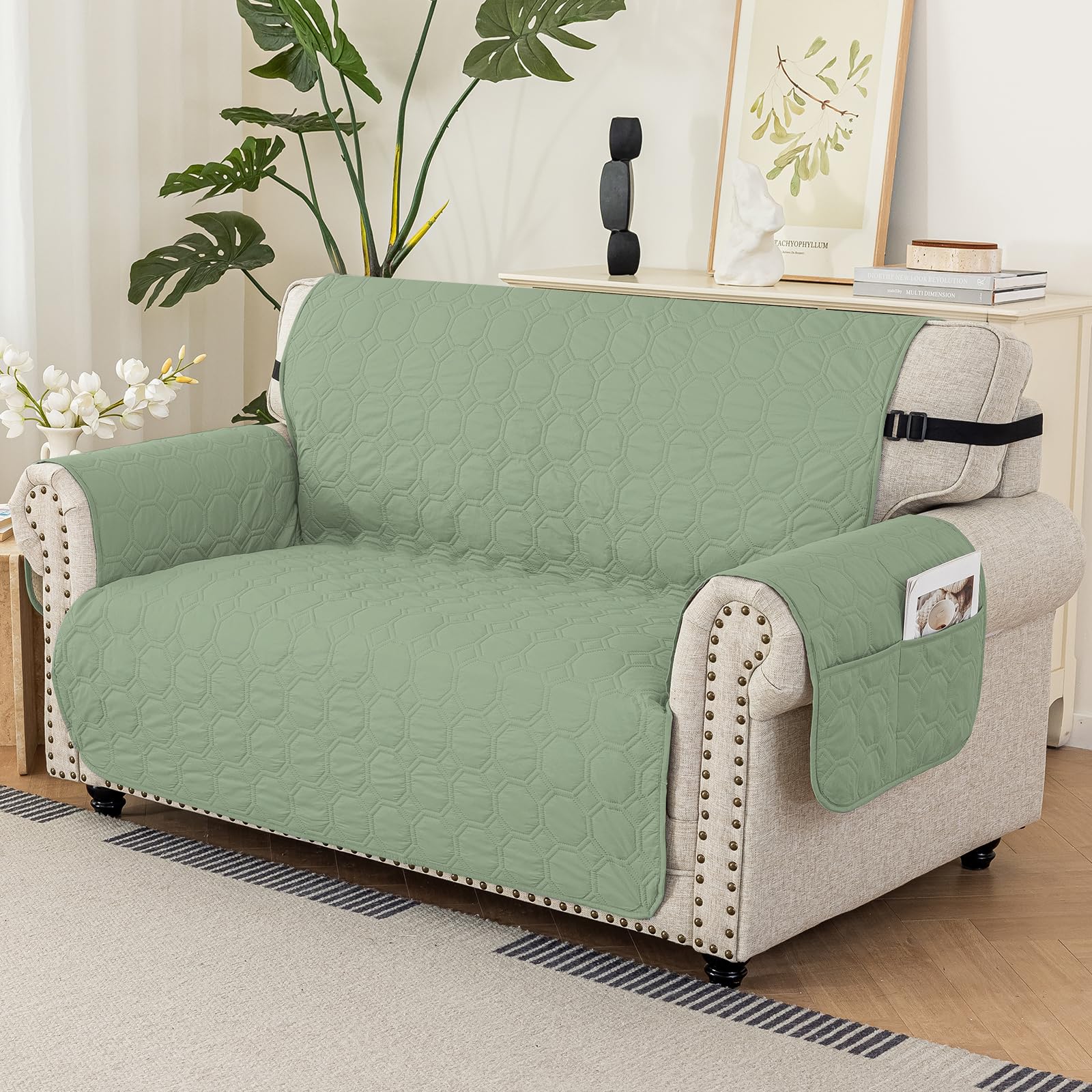 Ystyle Copridivano Impermeabile 3 Posti Con Braccioli, Copri Divano Antigraffio Gatto Con Tasche Laterali, Sofa Cover Antiscivolo, Universale Copridivani Mobili Protector, Verde Menta