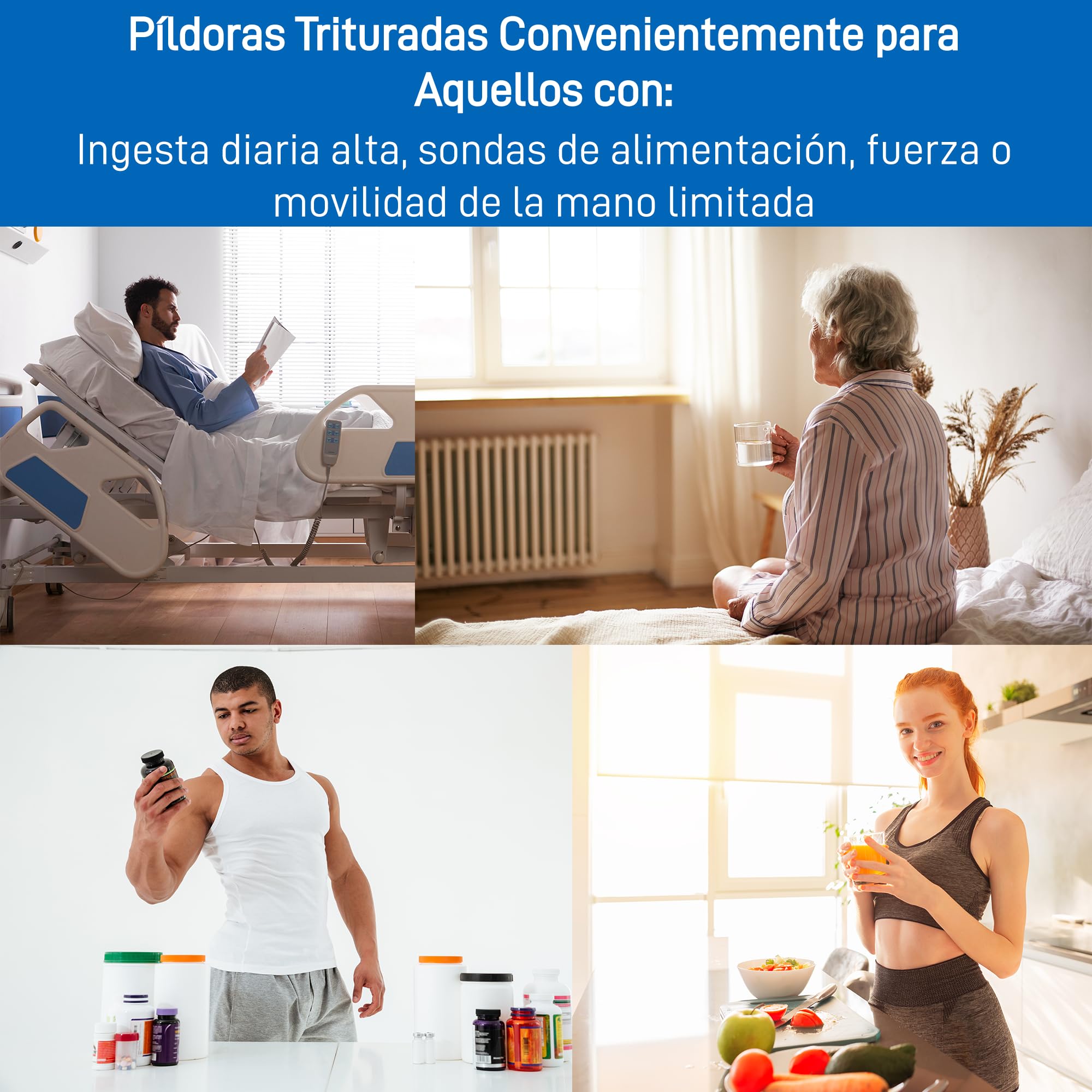 Triturador eléctrico para pastillas - Pulverizador electrónico de polvo fino para medicamentos - Con organizador de pastillas, cepillo, cuchara, paño y cuchillas de acero inoxidable de Pill Mill