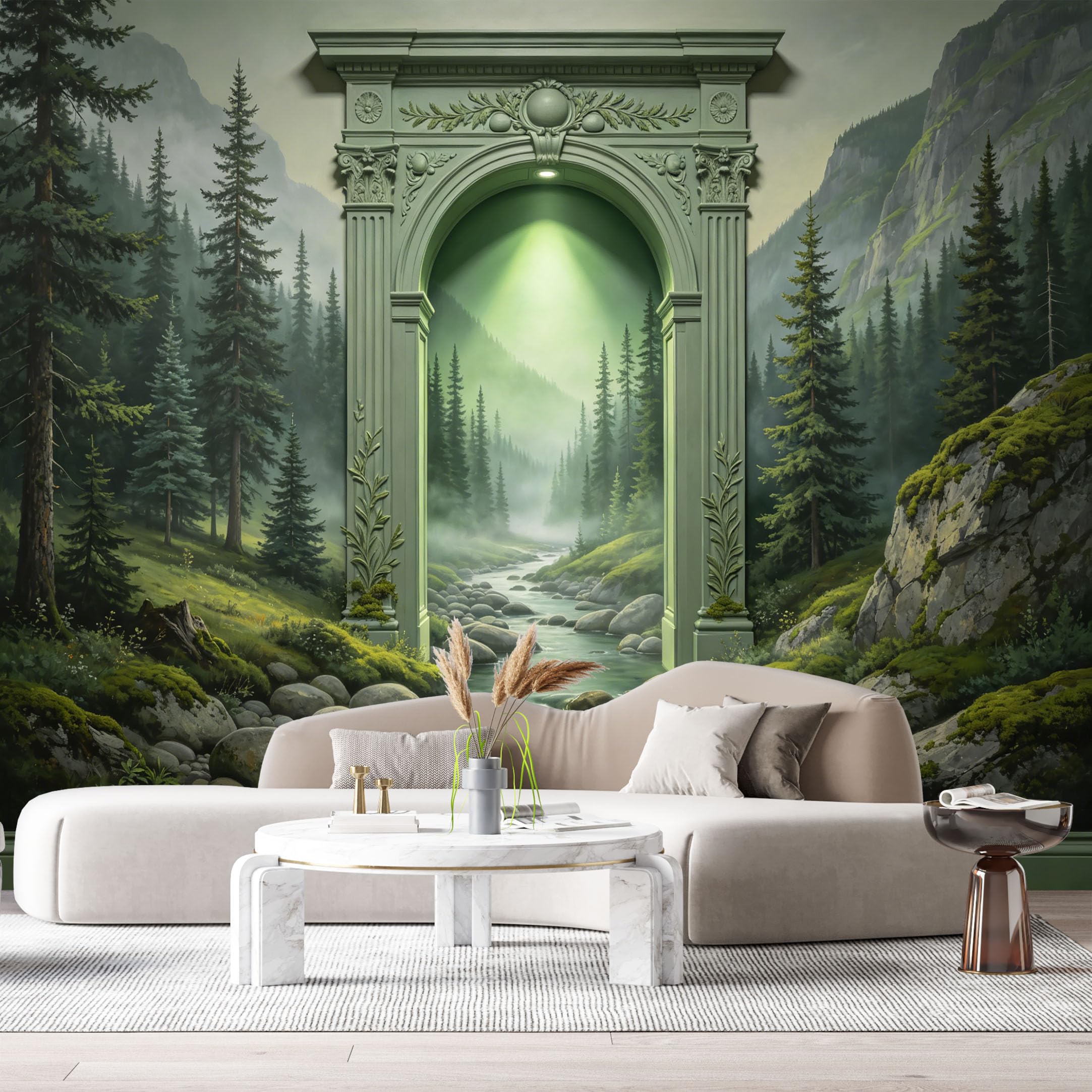 Custom Size Wall Murals Ancient Stone Archway Forest Landscape Misty Valley 3D Trompe L'Oeil SelfAdhesiveWall Fabric Removable Wallpaper Wall Decor for Living Room Bedroom Bathroom