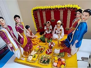Fiber Material Indian Wedding Doll Set with Backdrop | Handcrafted Traditional Marriage Theme Display on Yellow Base with Miniature Pooja Accessories for Golu Navratri and Cultural Décor Assorted-picture-19