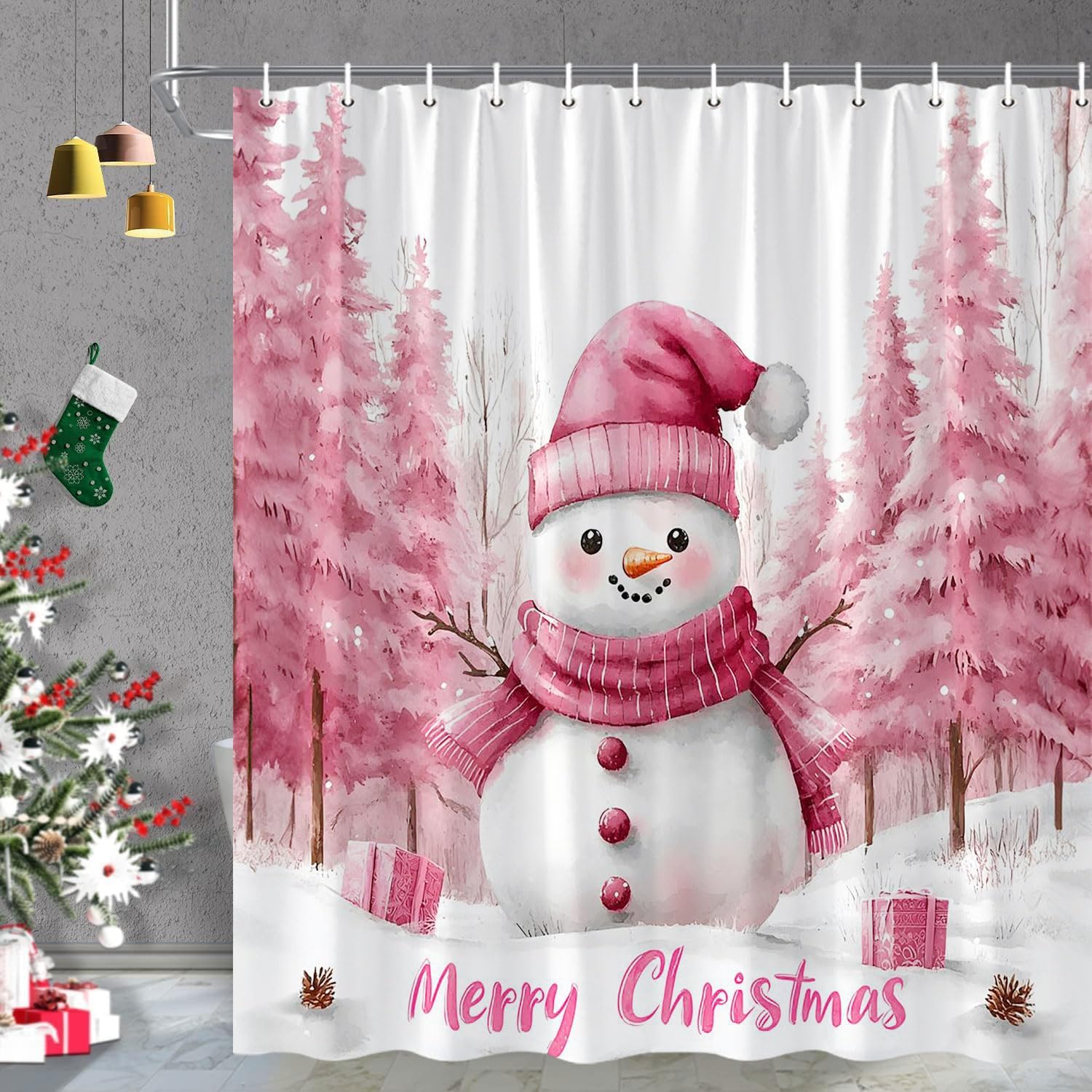 Pink Christmas Snowman Shower Curtain Winter Snowy Pine Tree Forest Snowflake Cute Snowman Xmas Holiday Polyester Curtains Bathroom Decor with Hooks 90" Wx70 H