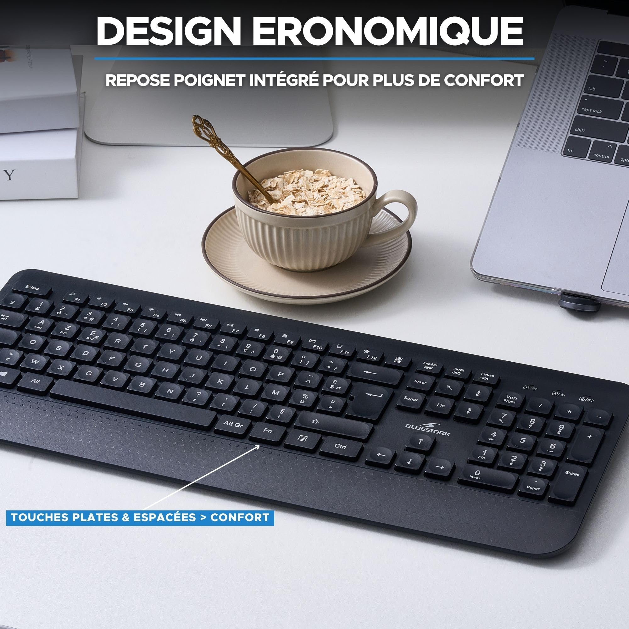 Bluestork KB Office R2 - Teclado inalámbrico, Dos Conexiones BT / 2,4 GHz, Teclado Bluetooth PC, Recargable USB-C, 70 h autonomía, silenciador - Windows/Tablets/Móviles - Disposición AZERTY Francesa