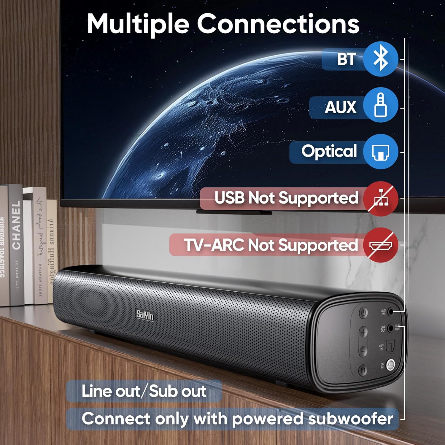 Diagram illustrating the multiple connection options for the Saiyin Sound Bar: Bluetooth, AUX, Optical, and SUB Out. It also explicitly states that USB and TV-ARC are not supported.