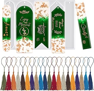 Actvty Silicone Bookmark Molds, Bookmark Resin Mold with 5 Shapes and 20pcs Bookmark Tassels, Resin Bookmark Mold for Epoxy Resin Casting Crafts