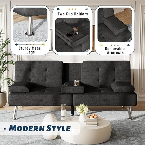 Miniatura 27 de Furmax Sofá cama futón ajustable, sofá cama para sala de estar, oficina de negocios, sofás reclinables con portavasos (piel sintética, negro) Negro