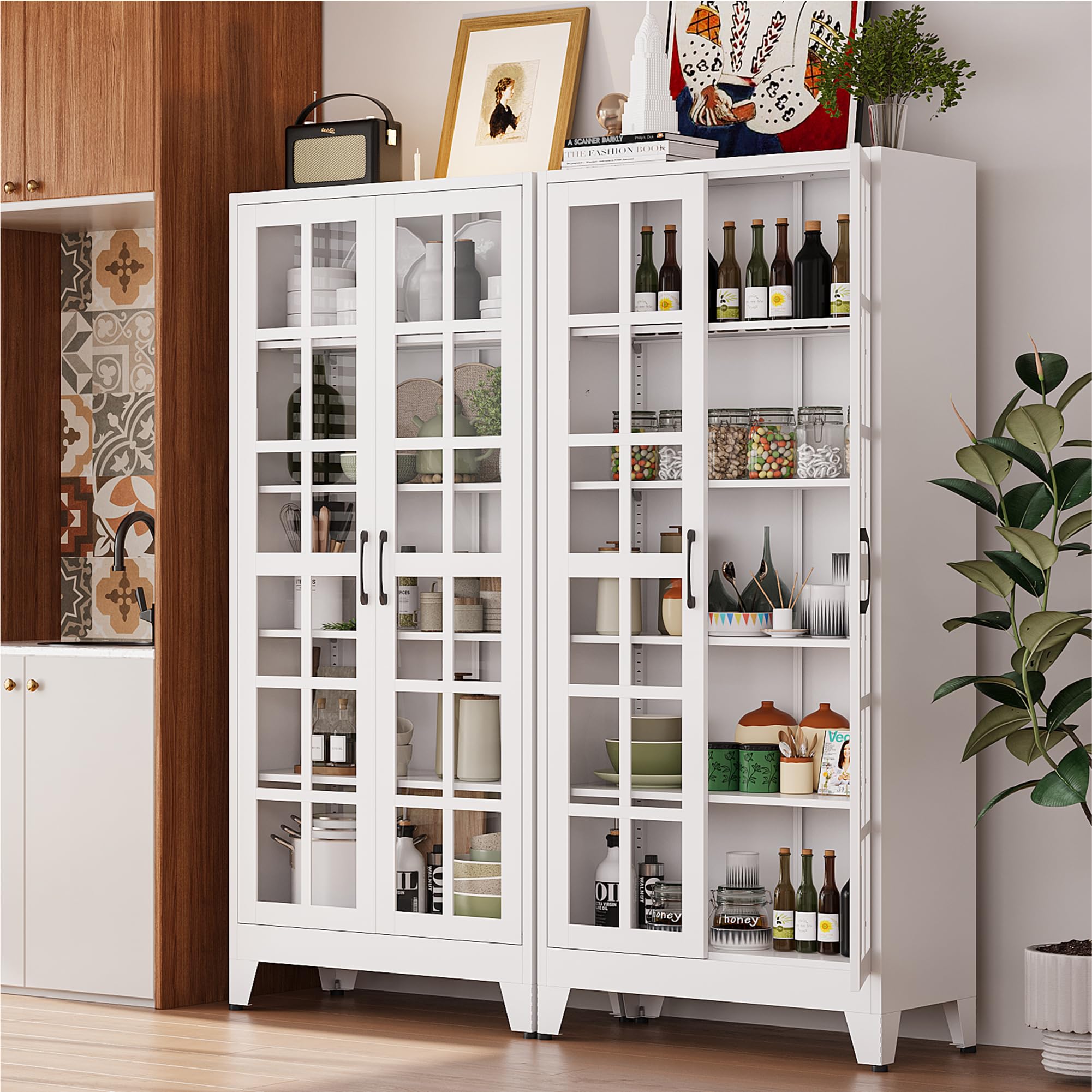 COFaR 71" White Glass Door Display Cabinet for Kitchen and Dining Room