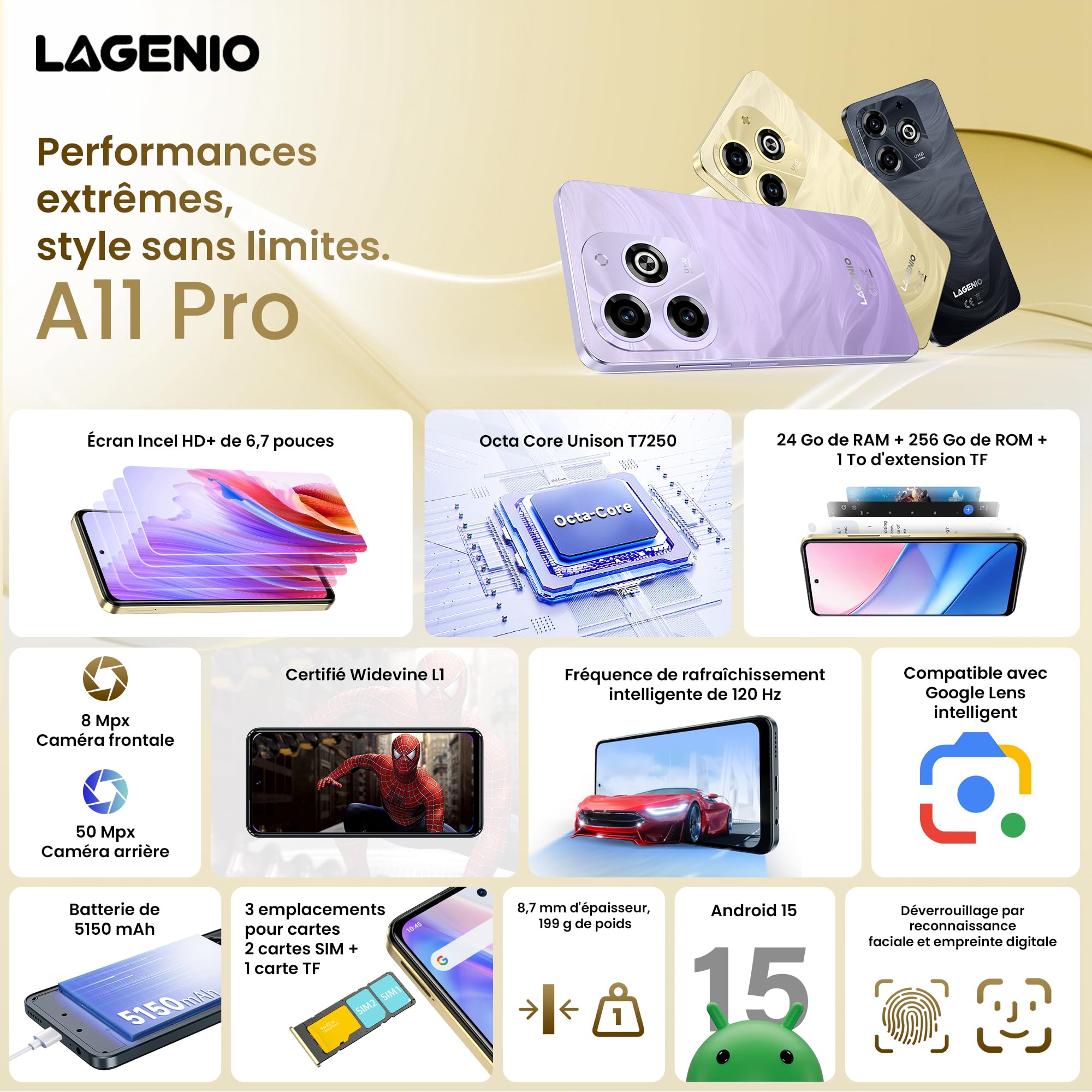 A11 Pro Téléphone Portable 24Go+256Go/1To TF, 50MP+8MP, Android 15 Smartphone Octa Core Unisoc T7250, 120Hz+6.7" HD, 5150mAh, Double 4G SIM/OTG/Widevine L1/GPS - Violet