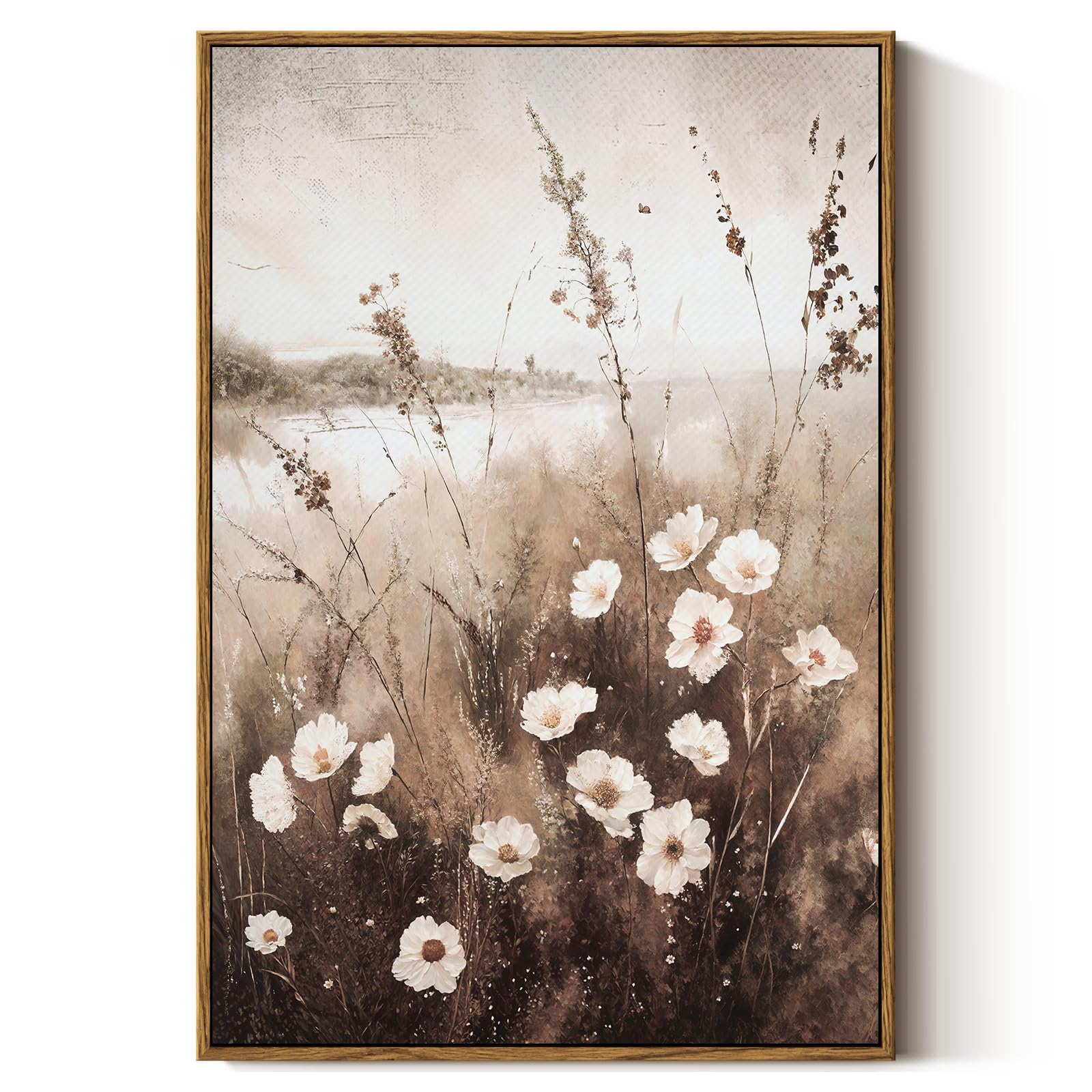 InSimSea Framed Wall Art for Living Room Landscape Canvas Wall Decor Meadow with Flowers Vintage Paintings Classical Wildflower Field Scene Boho Floral Pictures Decor for Bathroom Bedroom 16x24in