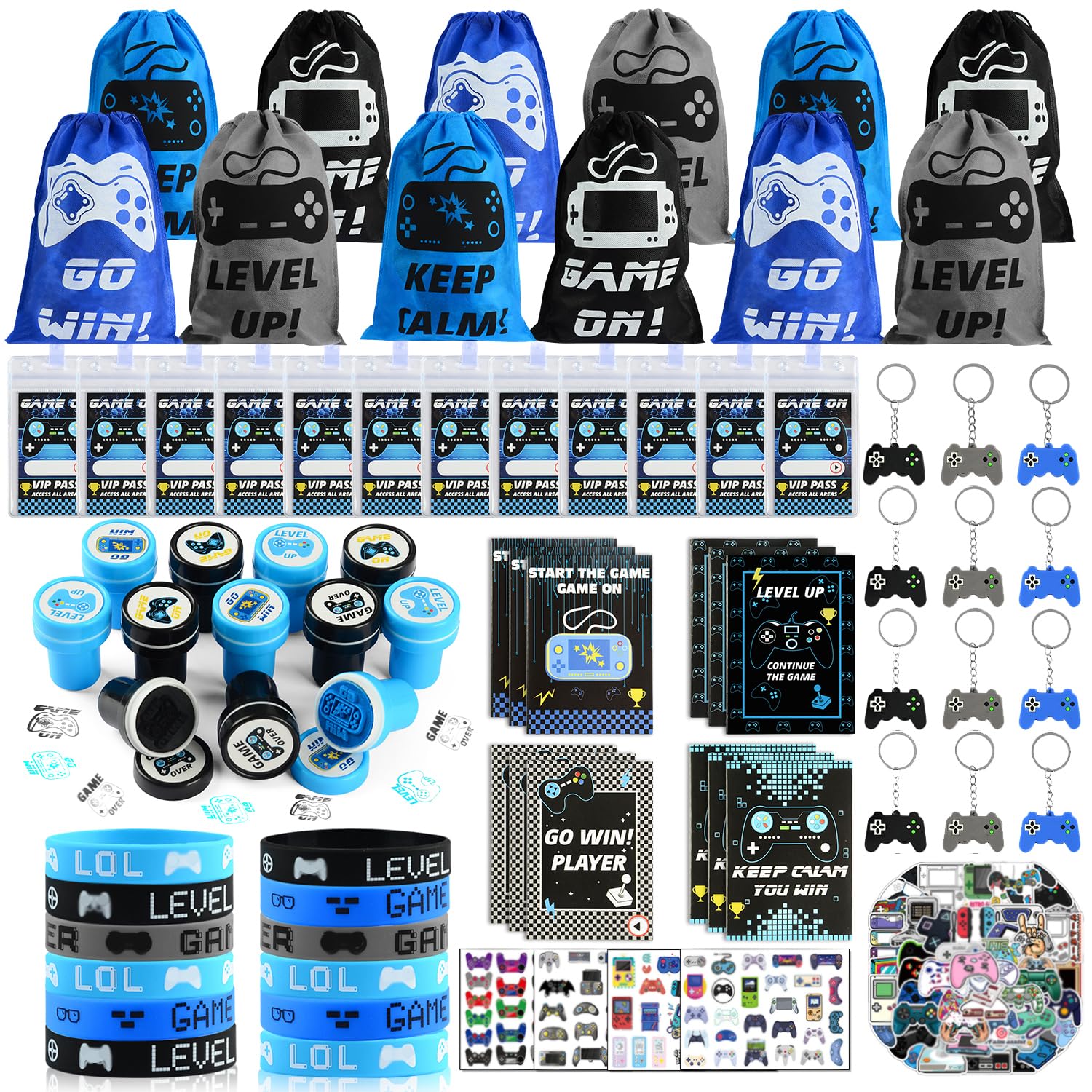 KISPATTI 126 PCS Video Game Party Favors, Gaming Birthday Party Favors with Drawstring Bags VIP Pass Tickets Stamper Notebook Game On Party Favor Bags Gamer Party Supplies