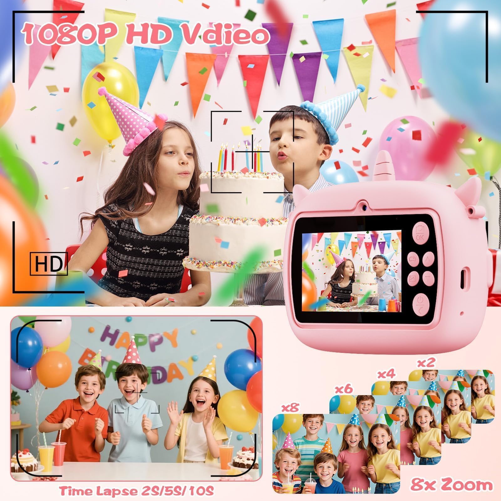 Appareil Photo Instantané, 2,4" Écran Appareil Photo Instantané Enfant a Carte 32G/4 Rouleaux Papier/6 Stylos Colorés, 1080P, pour Enfant 3-12Ans - Selfie/Photo(Rose)