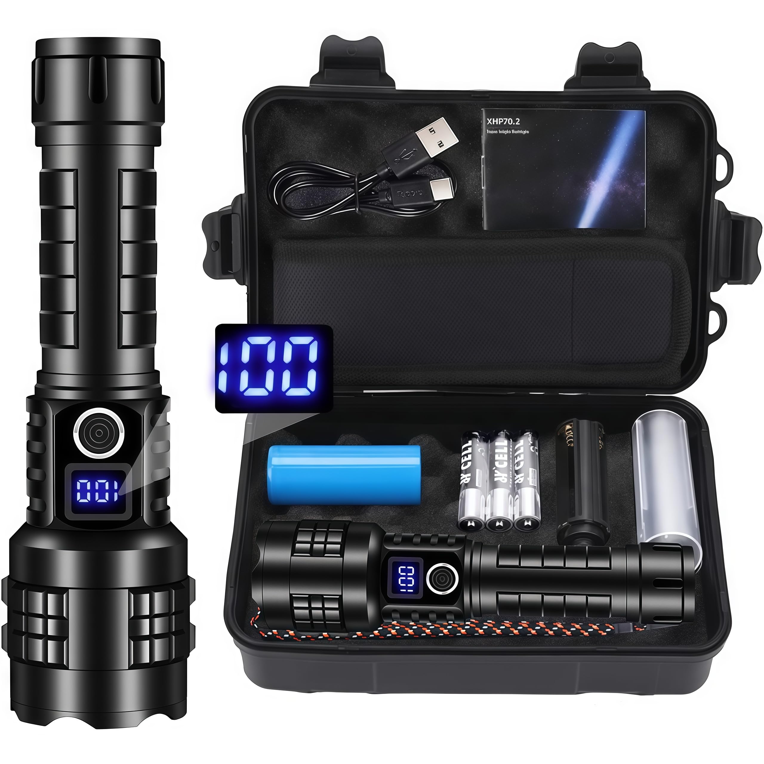 LED Display Torch Rechargeable, Ultra High Lumens Super Bright Torches - Adjustable Focus, 6 Function,5000mAh, IP67 Waterproof for Indoor & Outdoor, Security, Emergency, Camping, Sport Activities,