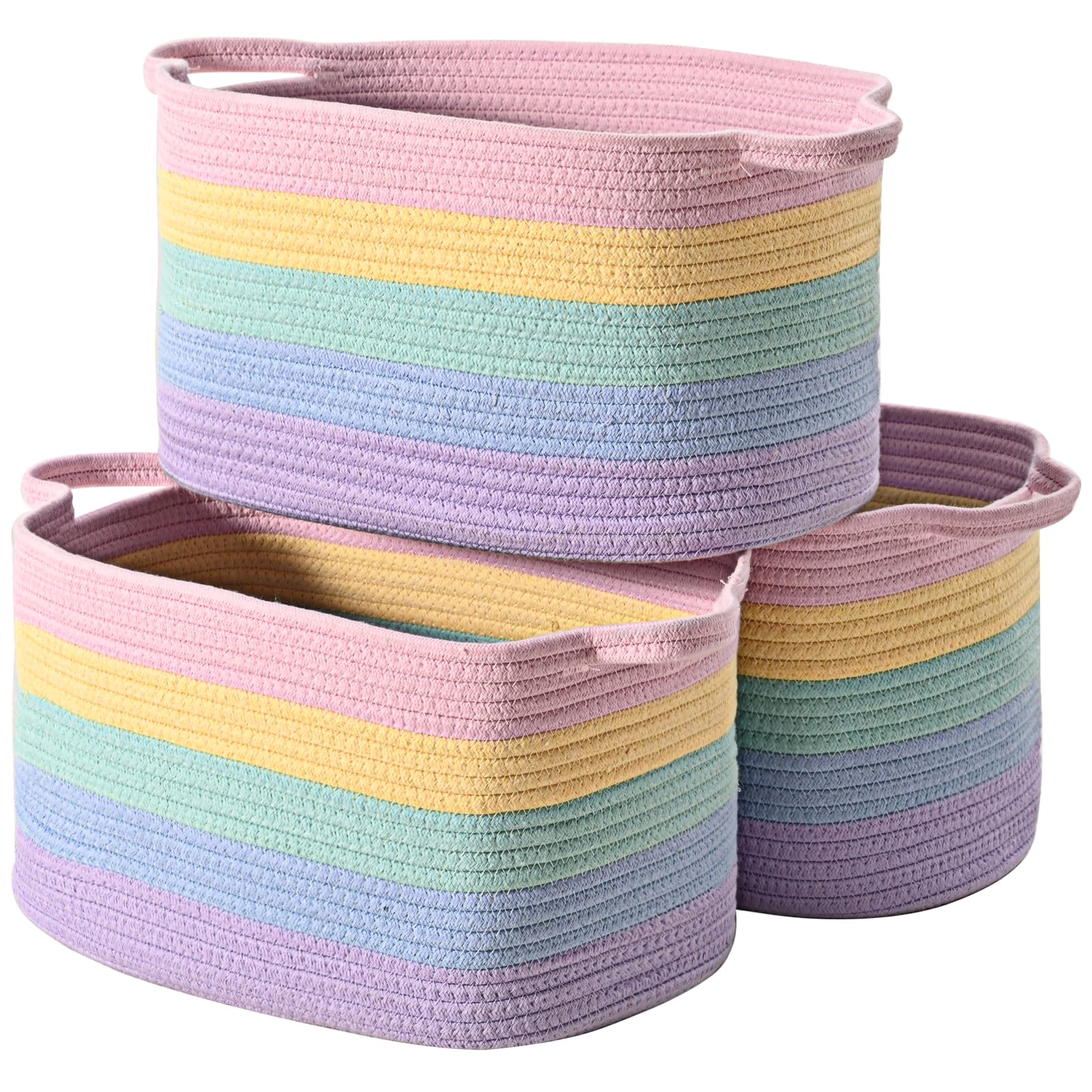 HNYQQL Baumwollseil Gewebter Aufbewahrungskorb, Verwendet für Baby Hamper Spielzeug Organizer, Geschenkkörbe Leer, Kinder Wäschekorb, Baby Deckenkorb, Größe 38 x 25 x 22 cm (Regenbogen)