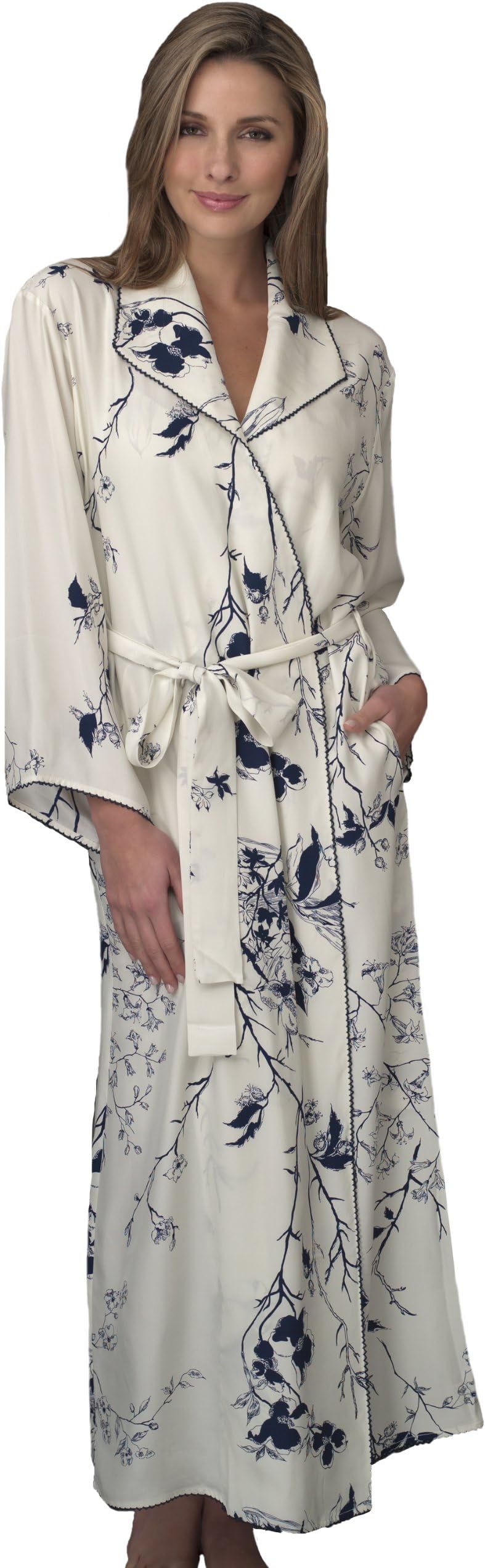 Julianna Rae Women's Silk Robe, Embroidered Trim, Bell Sleeves, On-Seam Pockets, Lingerie, Beautiful Gift Packaging