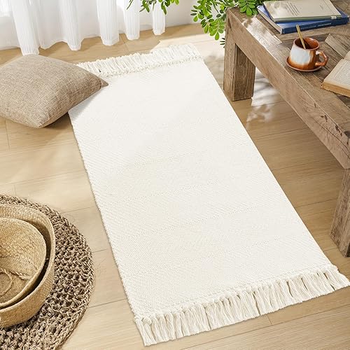 Miniatura 2 de MitoVilla Alfombra bohemia de baño de 2 x 4.3 pies, alfombra tejida de algodón blanco hueso para sala de estar, alfombras de cocina lavables