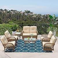 Vista 59 de VIVIJASON Silla mecedora de mimbre para exteriores, 2 piezas, sillas mecedoras de ratán para patio con cojines y marco de acero, muebles de mimbre