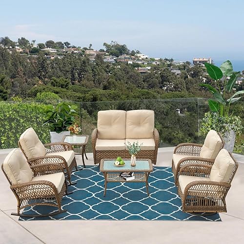 Miniatura 59 de VIVIJASON Silla mecedora de mimbre para exteriores, 2 piezas, sillas mecedoras de ratán para patio con cojines y marco de acero, muebles de mimbre