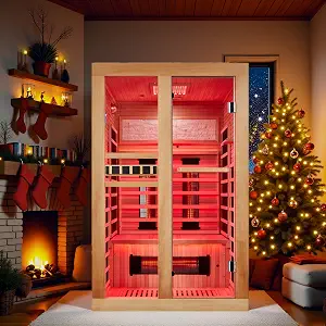 2 Person Infrared Sauna, Full Spectrum Home Sauna with Red Light Therapy, 15 Minutes Pre-Warm up Indoor Dry Saunas with 2-in-1 Door Handle, Canadian Hemlock,7 Color Light Belts, 110V