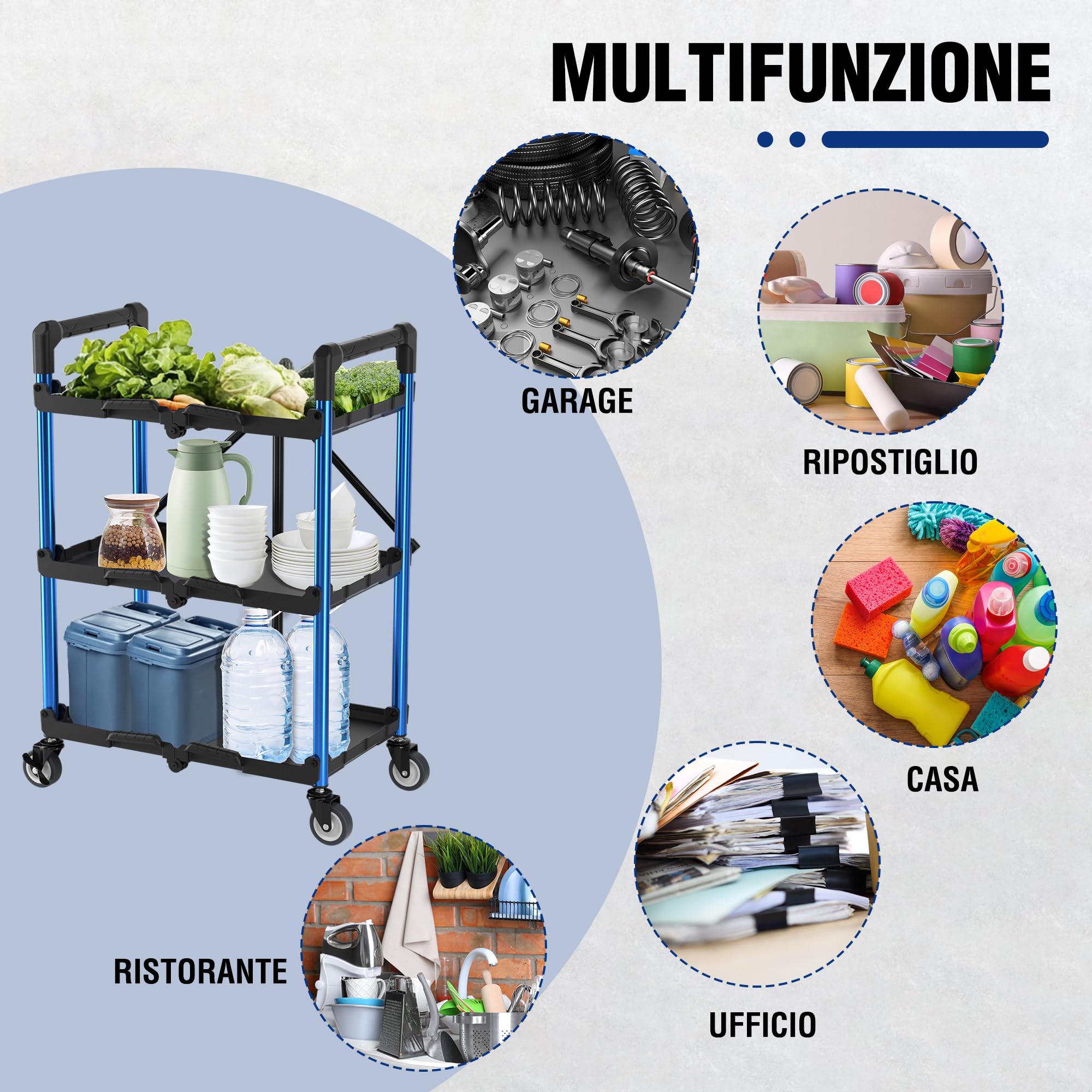WORKPRO Carrello Pieghevole con Ruote a 3 Strati, Carrello Porta Attrezzi Multifunzione con 4 Ruote (2 con Freno) Carico di 32 kg, Ideale per Garage, Magazzini, Uffici(Non Necessita di Installazione)