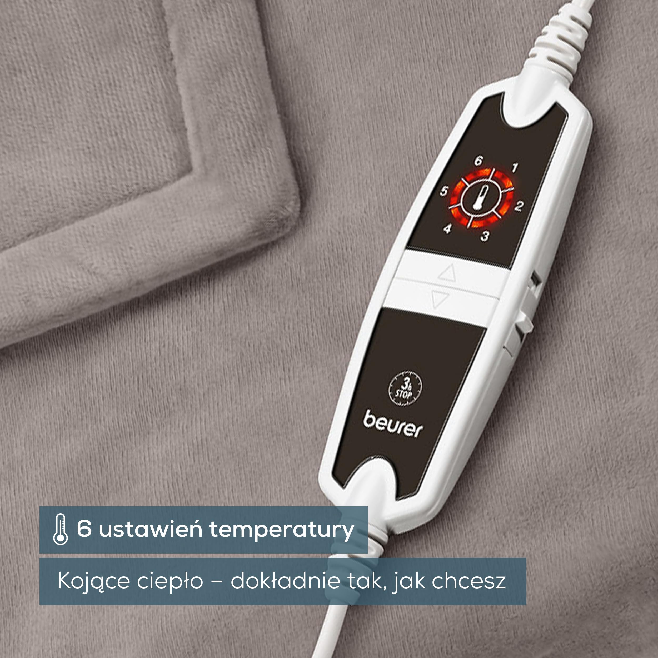 Beurer HD 150 XXL Taupe koc grzewczy, elektryczny koc z automatycznym wyłączaniem, 200 x 150 cm, 6 ustawień temperatury, możliwość prania w pralce, przytulny koc o wyglądzie futra, beżowy / brązowy