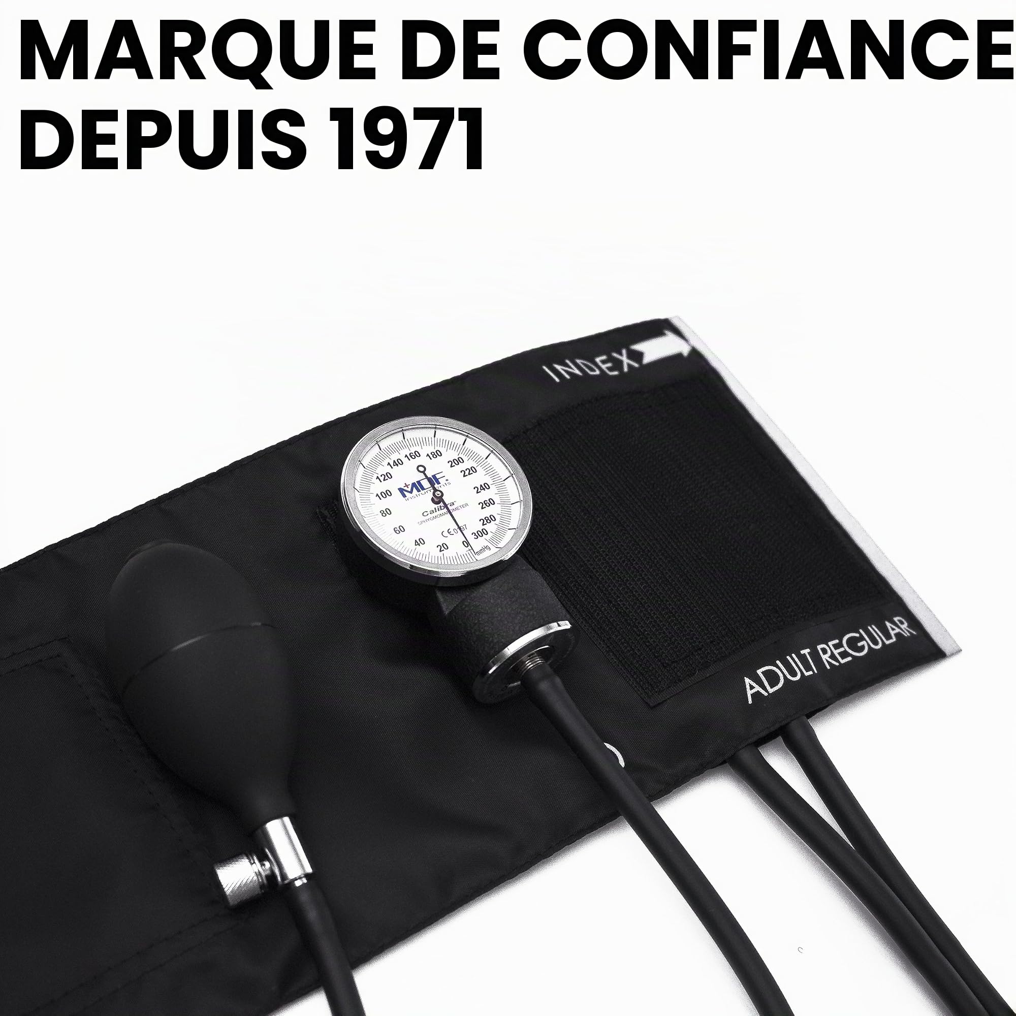 MDF Instruments, tensiomètre anéroïde professionnel haut de gamme Calibra, tensiomètre avec brassard pour adulte et étui de transport, cadran blanc, brassard noir, MDF808M11