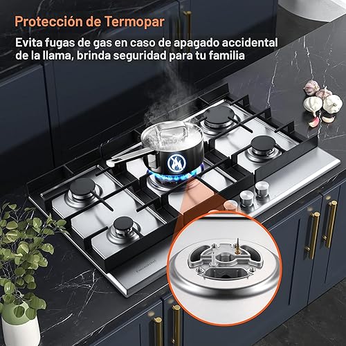 Miniatura 4 de Placa de cocina de gas de 30 pulgadas, estufa de gas con 5 quemadores de alta eficiencia, estufa de gas de acero inoxidable integrada para cocina,